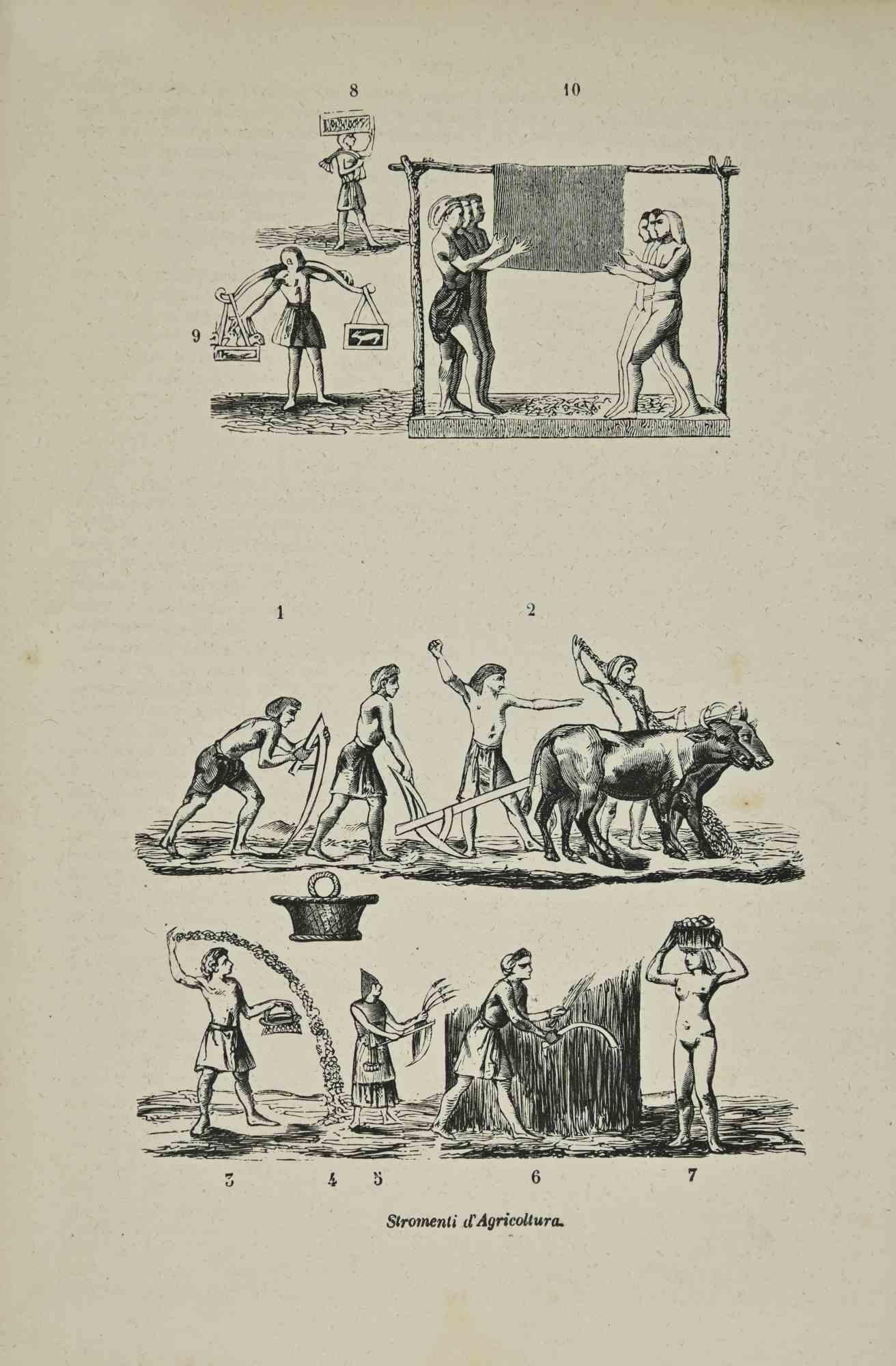 Various Artists Figurative Print - Uses and Customs - Agricultural Instruments - Lithograph - 1862