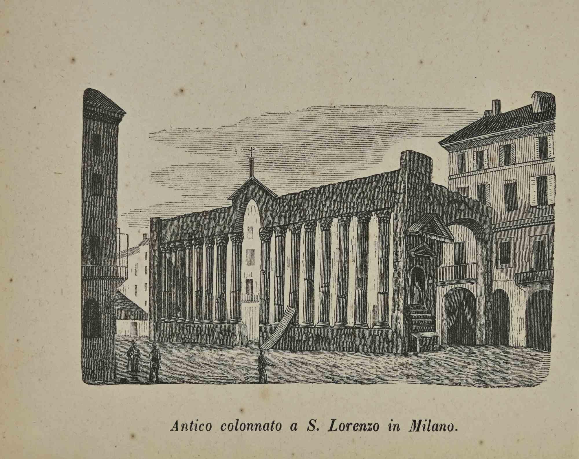 Landscape Print Various Artists - Utilisations et douanes - Ancient Colonnade in S.Lorenzo Milan - Lithographie - 1862