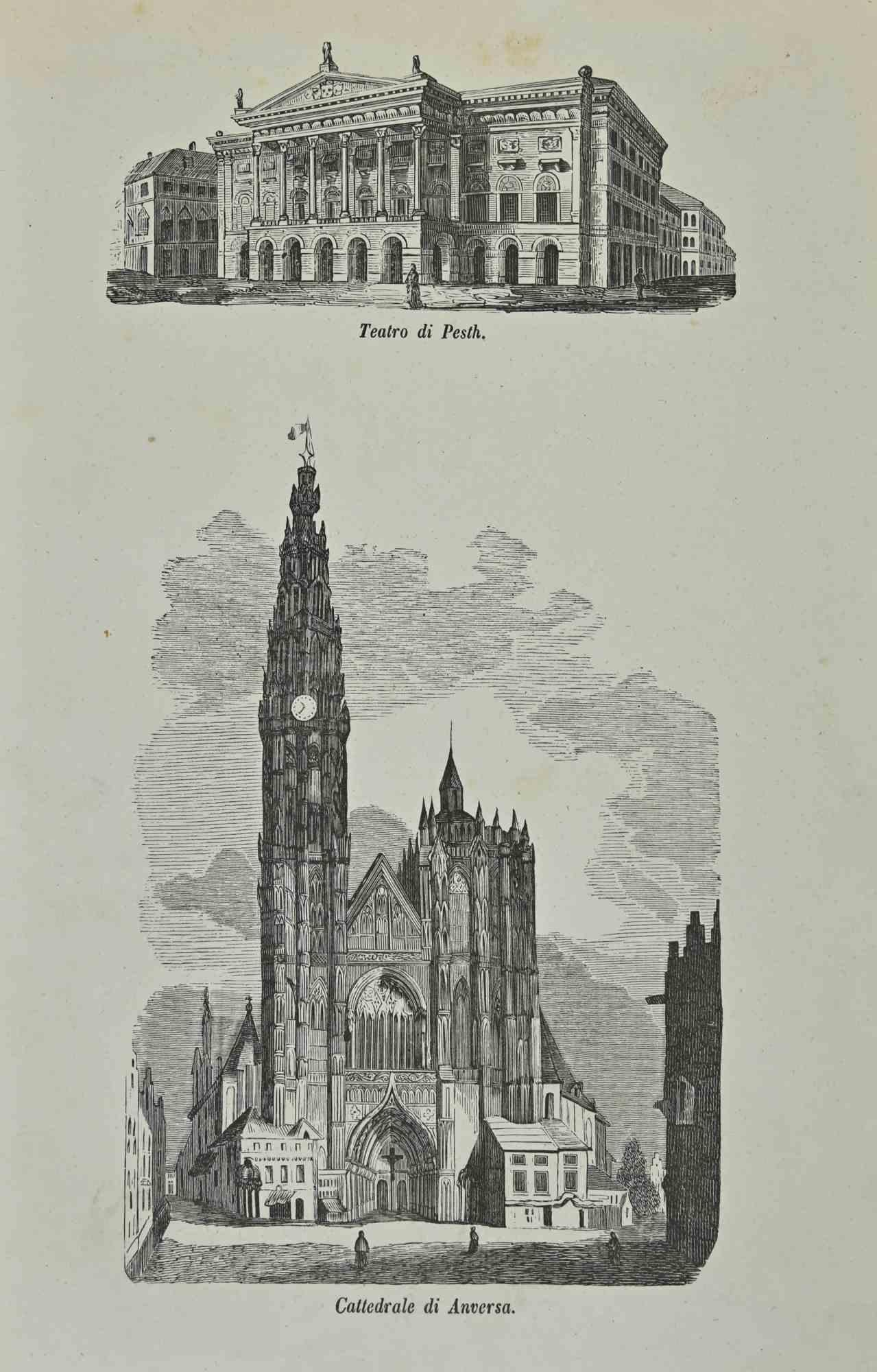 Various Artists Landscape Print - Uses and Customs - Antverp Cathedral - Lithograph - 1862