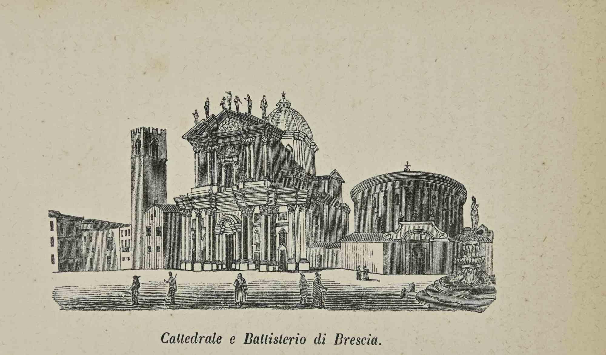 Various Artists Landscape Print - Uses and Customs - Cathedral and Baptistery of Brescia - Lithograph - 1862