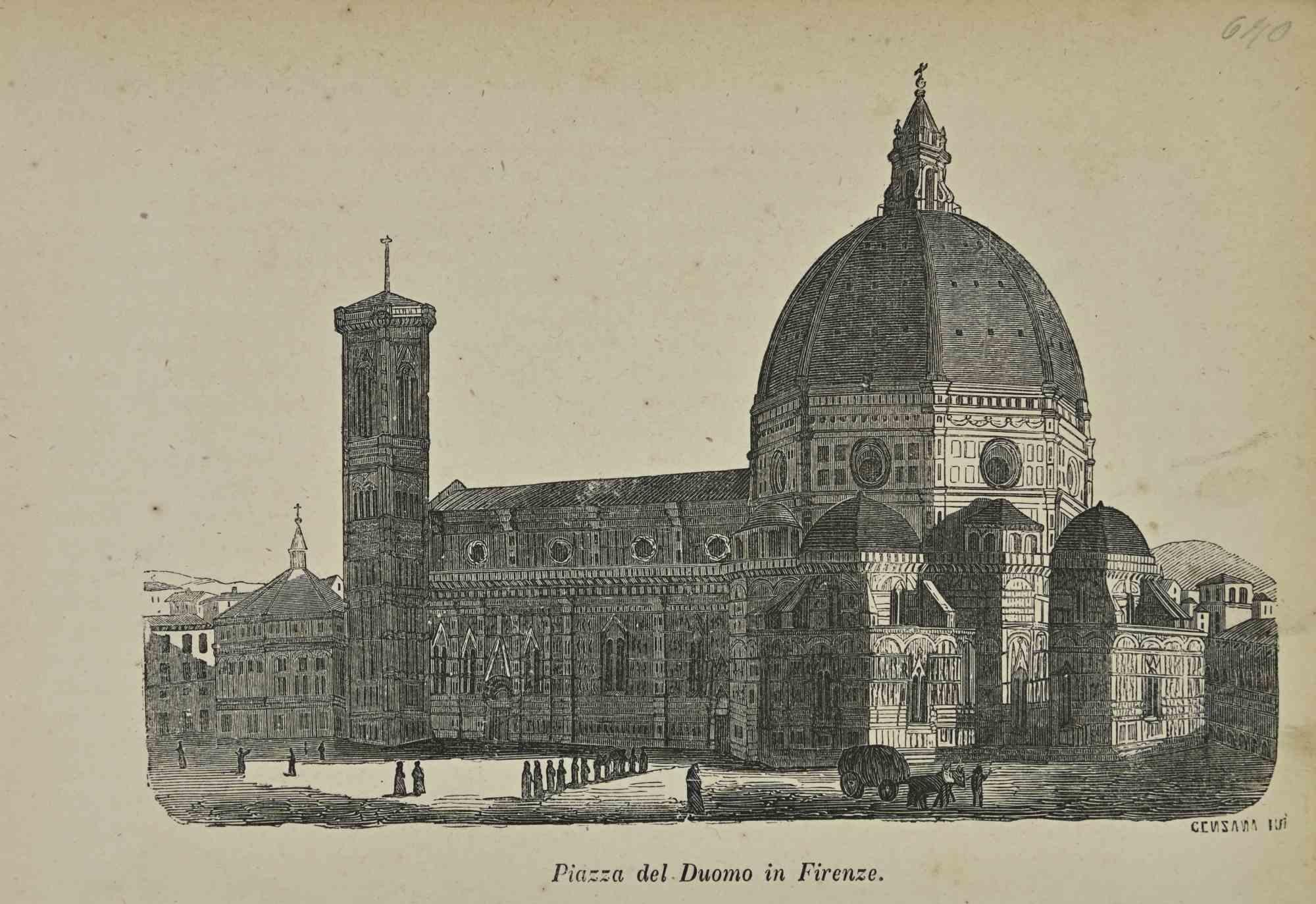 Uses and Customs - Cathedral Square in Florence - Lithograph - 1862
