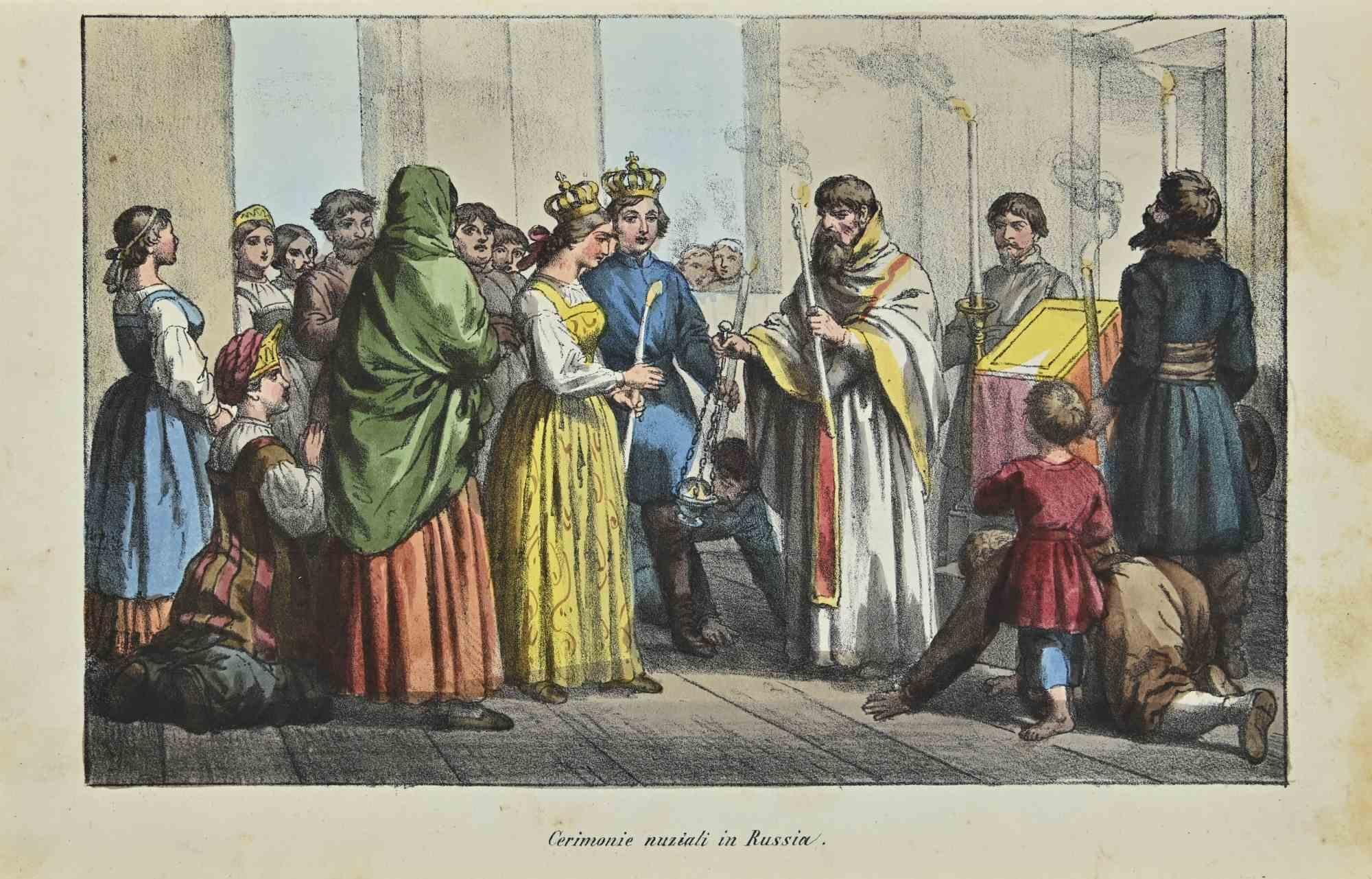 Various Artists Figurative Print - Uses and Customs - Ceremony of Marriage in Russia - Lithograph - 1862