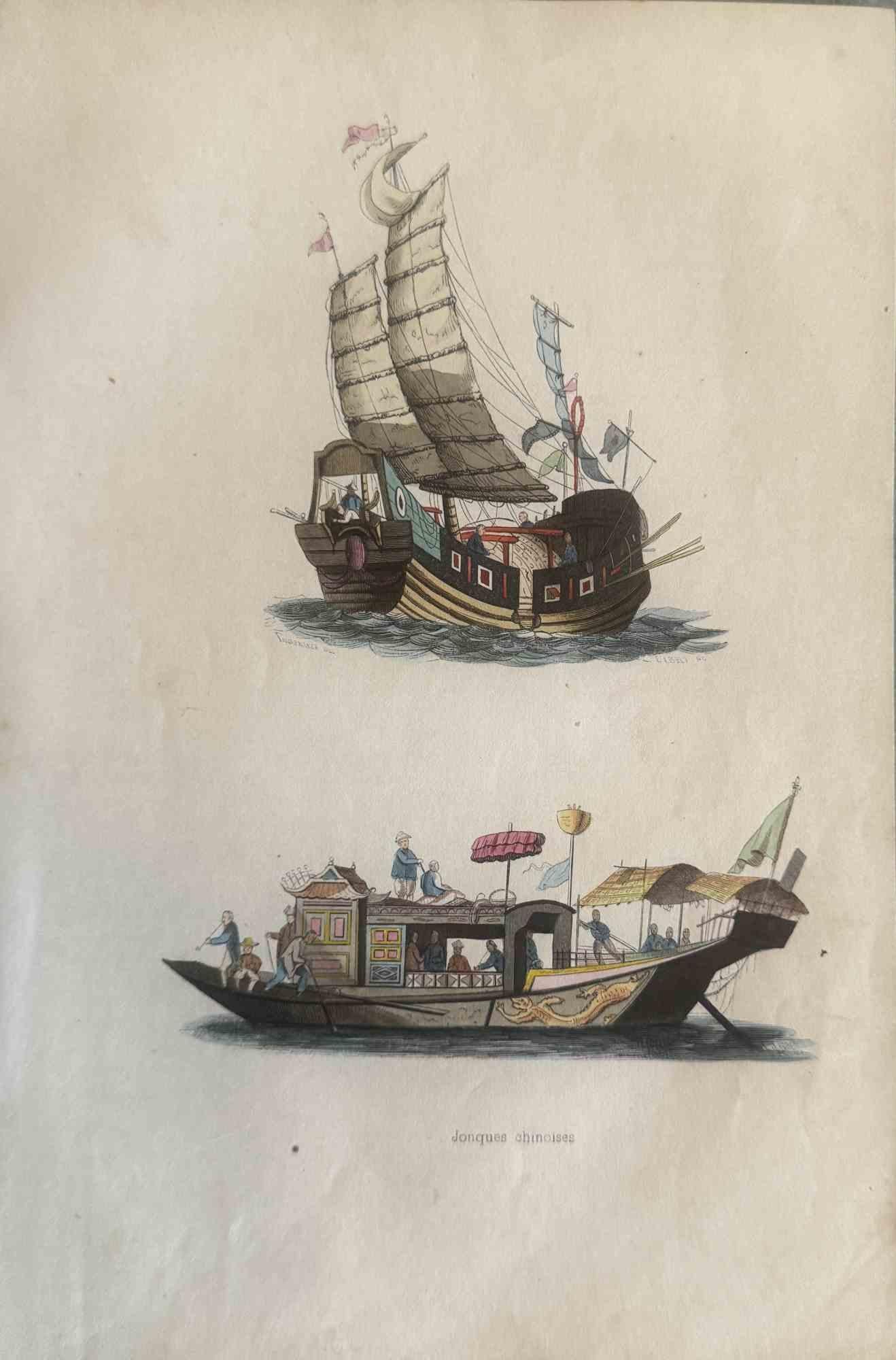 Various Artists Figurative Print - Uses and Customs - Chinese Boats - Lithograph - 1862