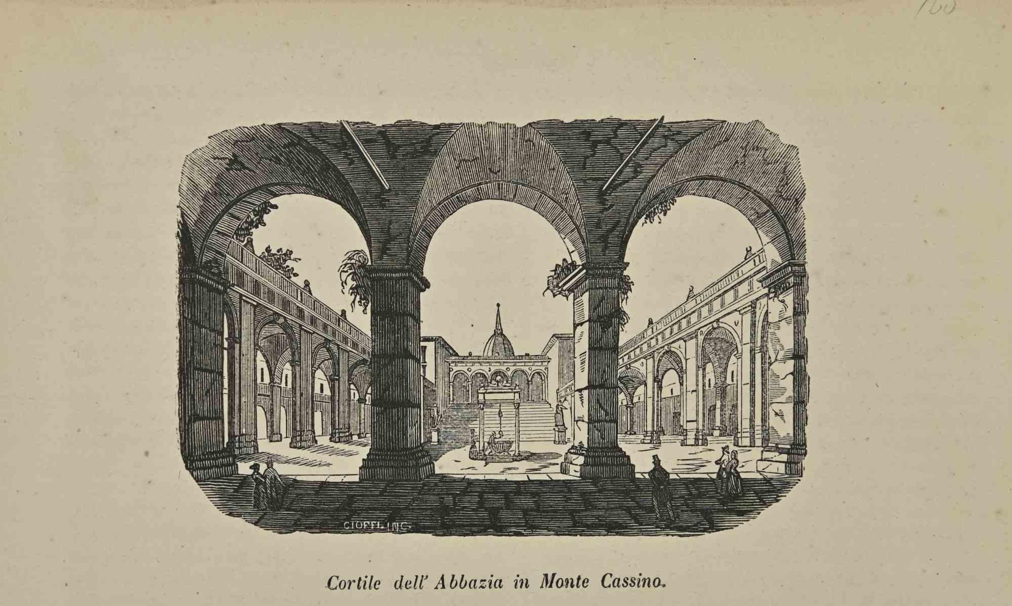 Figurative Print de Various Artists - Usos y Costumbres - Patio de la Abadía de Monte Cassino - Litografía - 1862