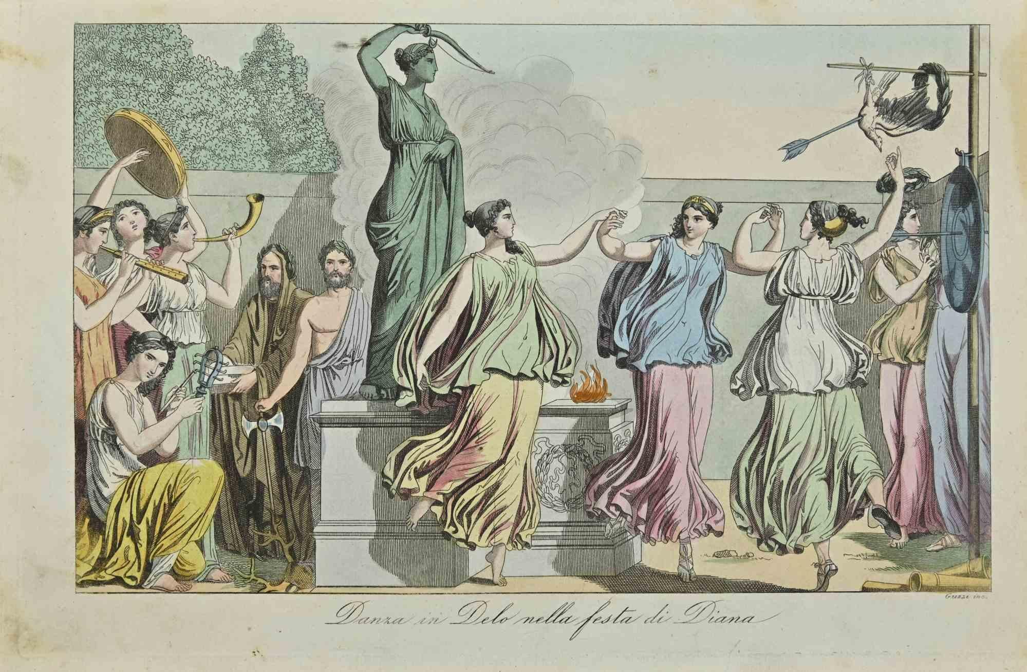 Various Artists Landscape Print - Uses and Customs - Dance in feast of Diana - Lithograph - 1862