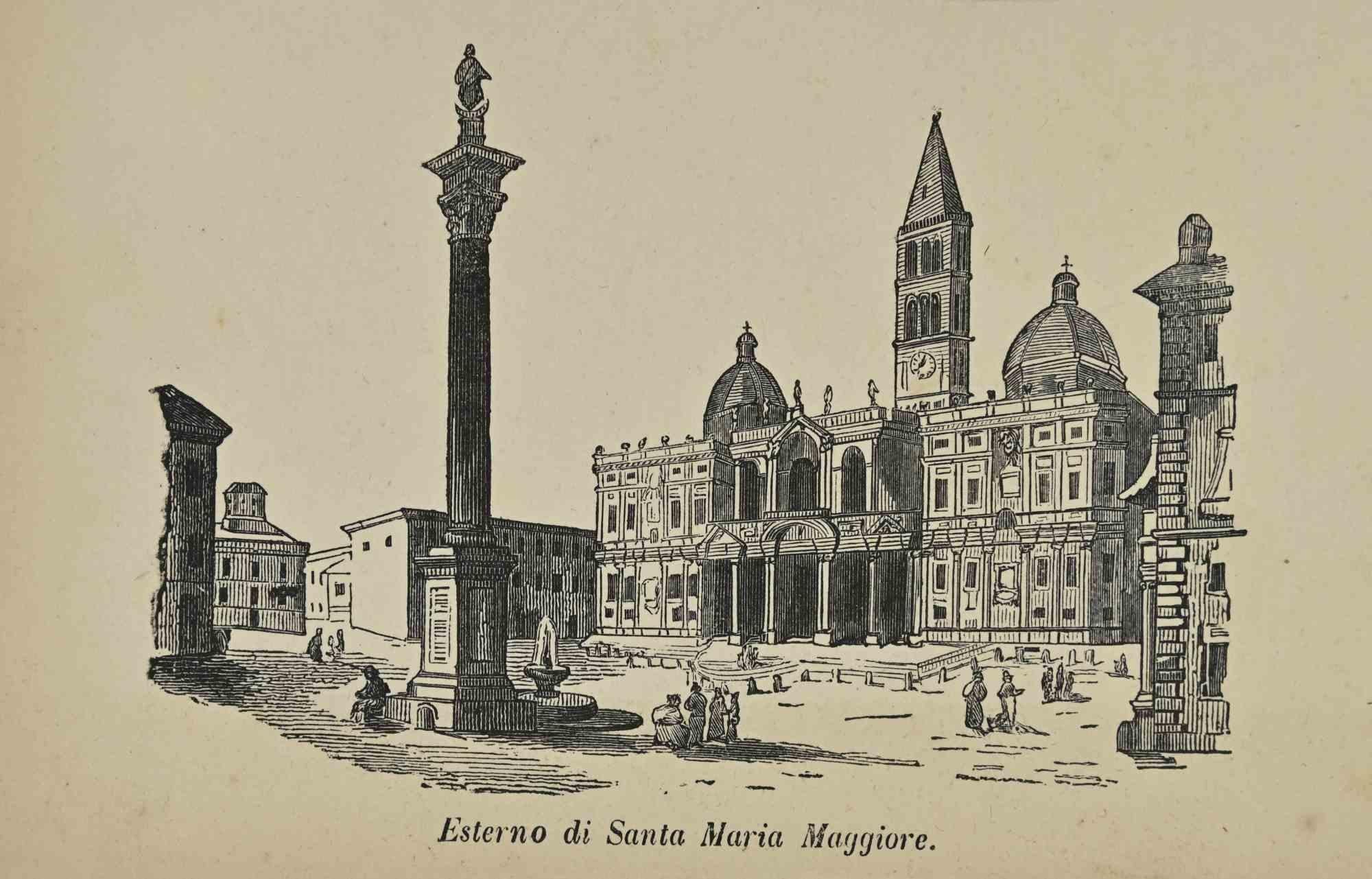 Various Artists Landscape Print - Uses and Customs - Exterior of Santa Maria Maggiore - Lithograph - 1862