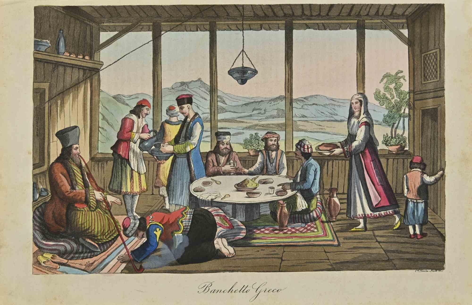 Various Artists Landscape Print - Uses and Customs - Greek banquet - Lithograph - 1862