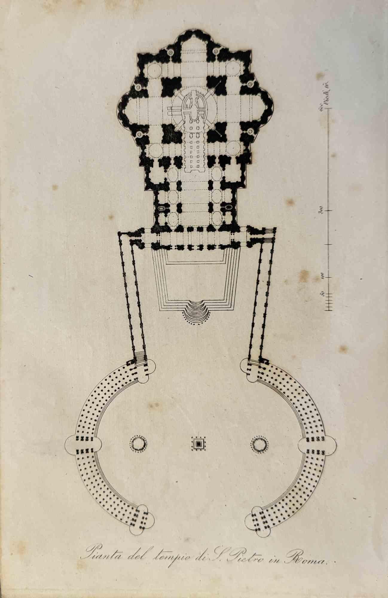 Uses and Customs - Map  of St. Peter's Basilica - Lithograph - 1862