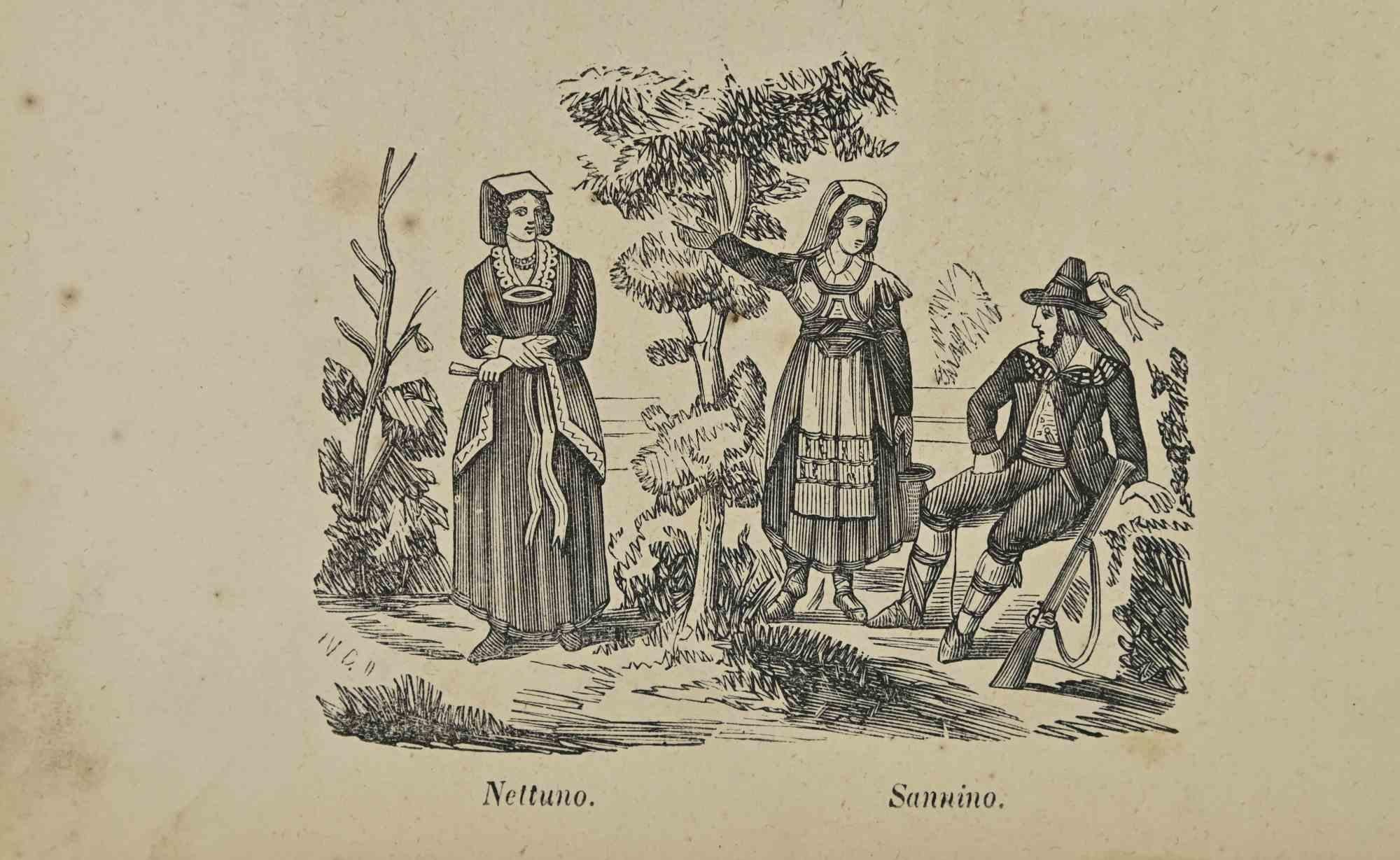 Uses and Customs - Nettuno,  Sannino -  Lithograph - 1862
