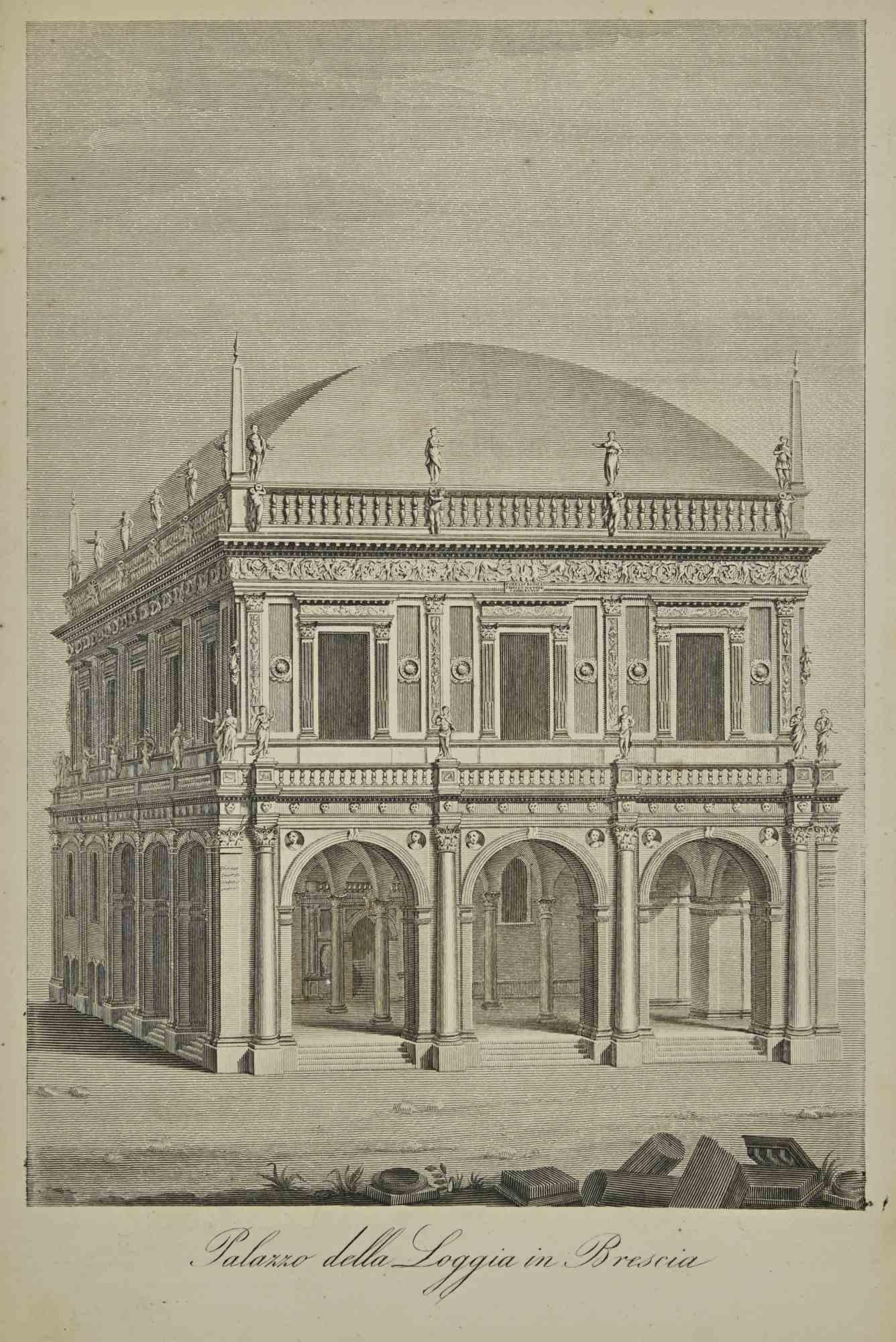 Various Artists Landscape Print - Uses and Customs - Palazzo della Loggia in Brescia - Lithograph - 1862