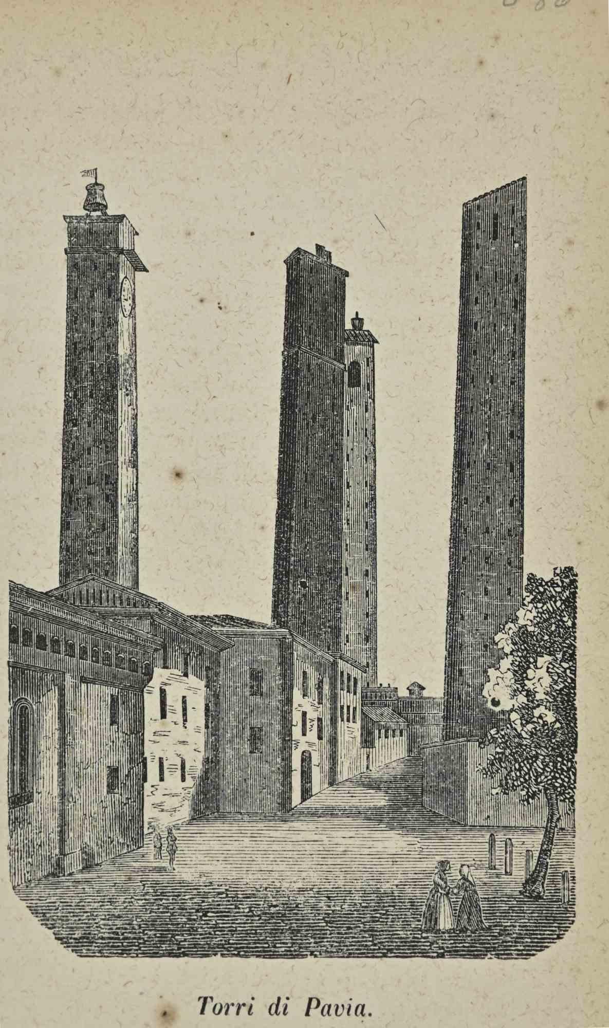 Various Artists Figurative Print – Uses and Customs – Pavia Towers – Lithographie – 1862
