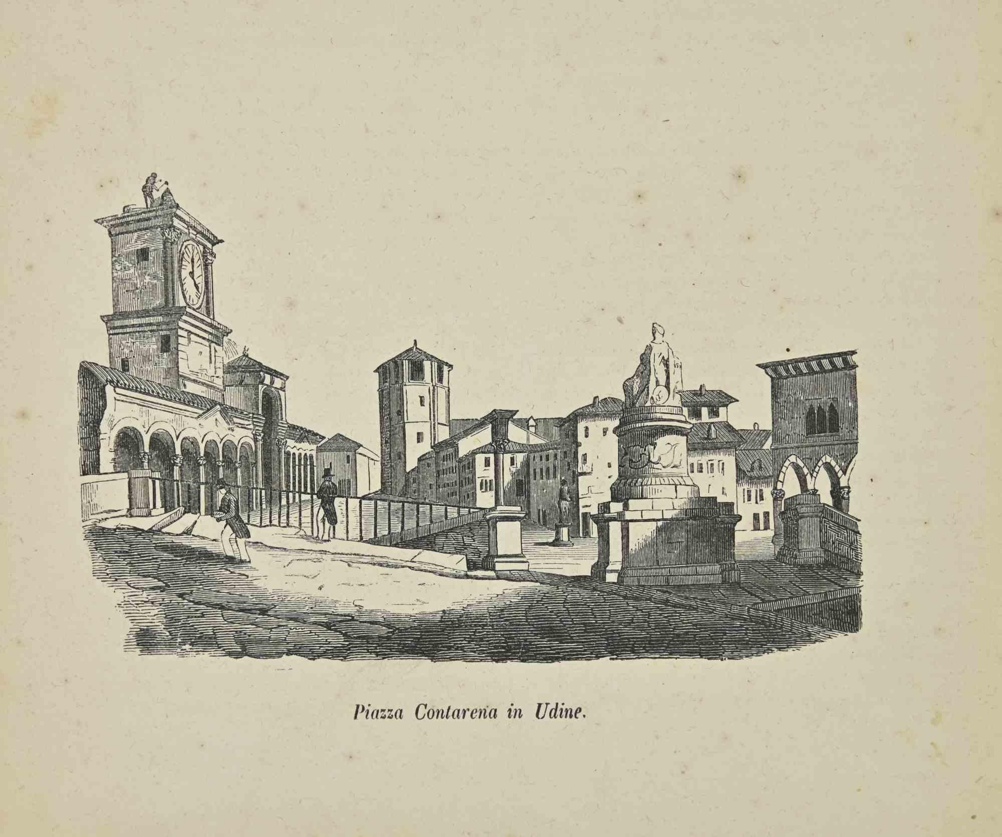 Various Artists Landscape Print - Uses and Customs - Piazza Contarena in Udine - Lithograph - 1862
