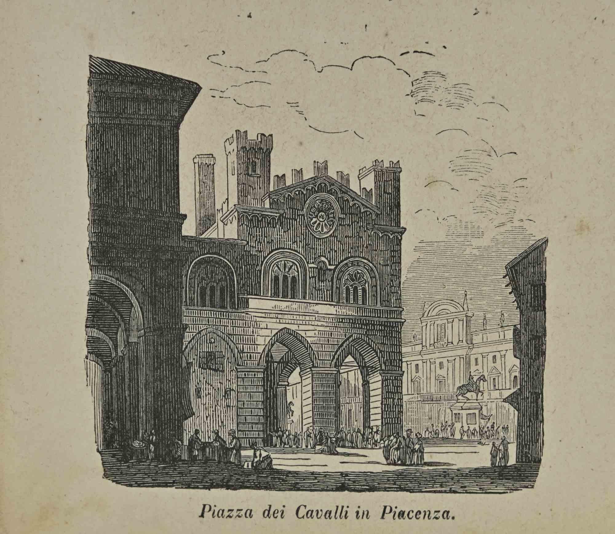 Figurative Print di Various Artists - Usi e costumi - Piazza dei Cavalli a Piacenza - Litografia - 1862