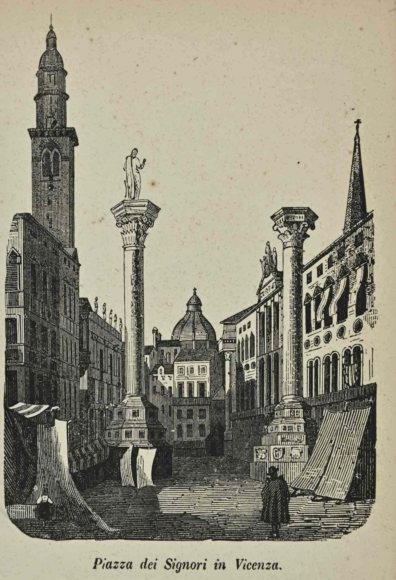 Figurative Print Various Artists - Utilisations et douanes - Piazza dei Signori à Vicenza - Lithographie - 1862