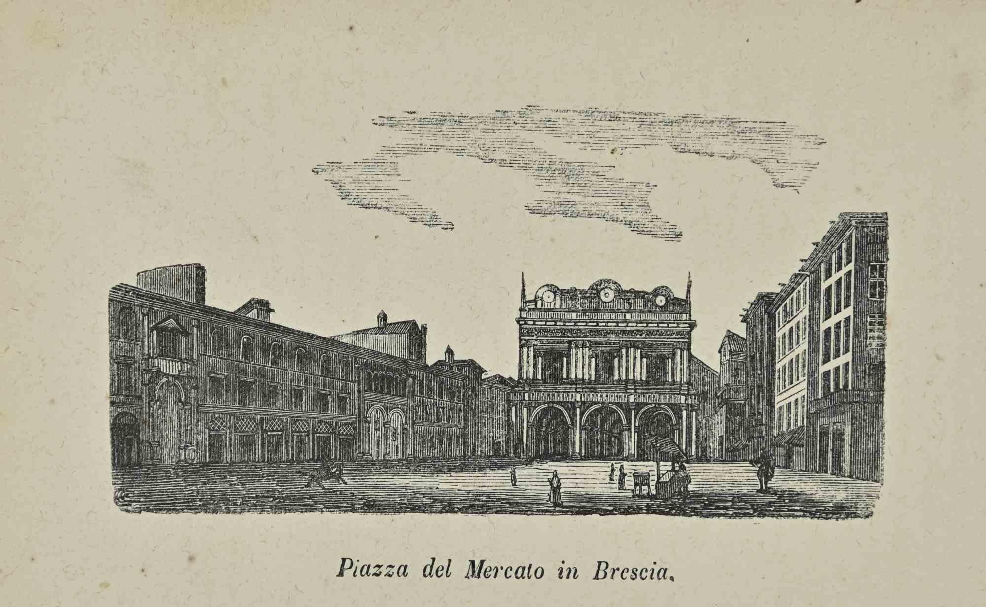 Various Artists Figurative Print - Uses and Customs - Piazza del Mercato in Brescia - Lithograph - 1862