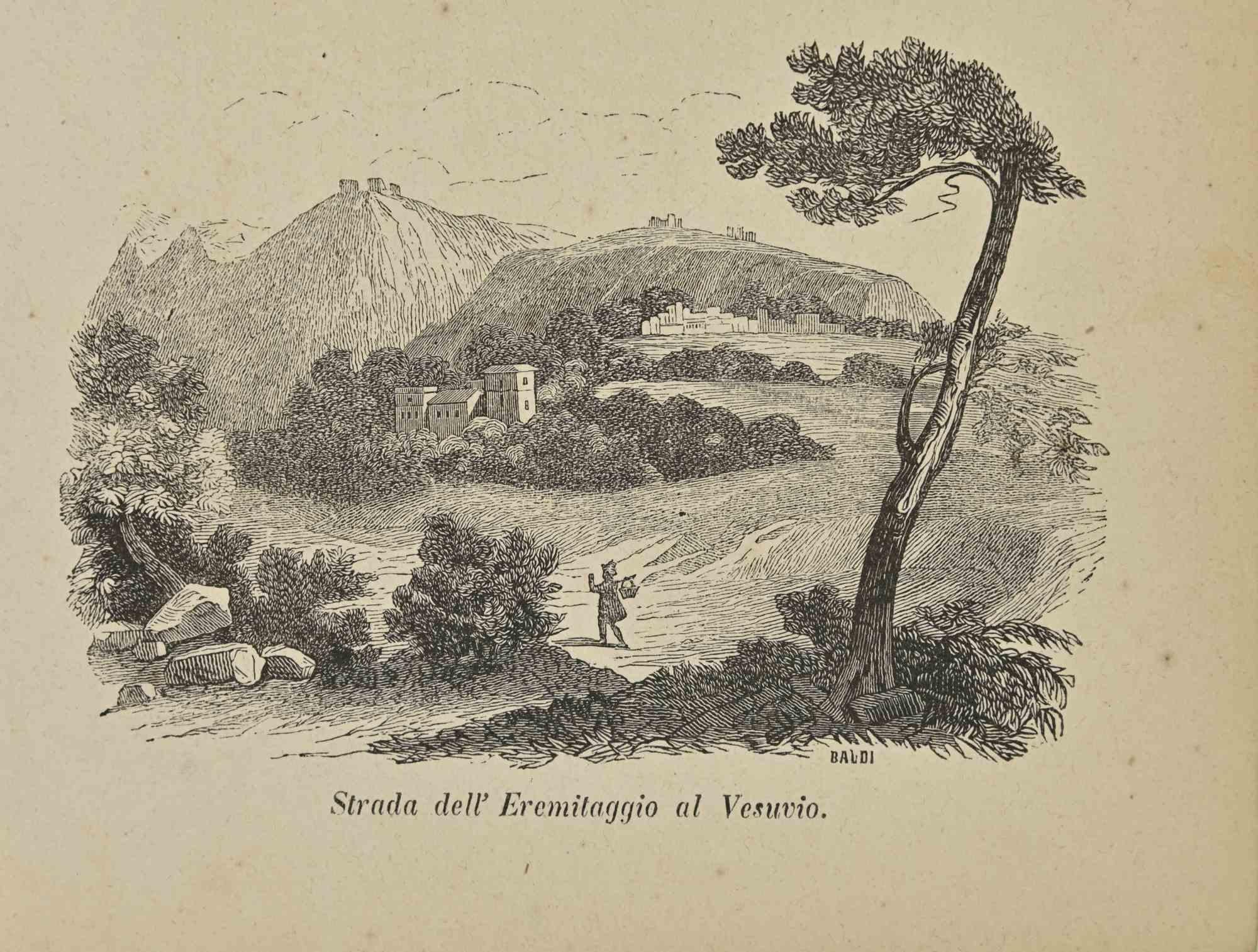 Uses and Customs - Road of Hermitage to Vesuvius - Lithograph - 1862