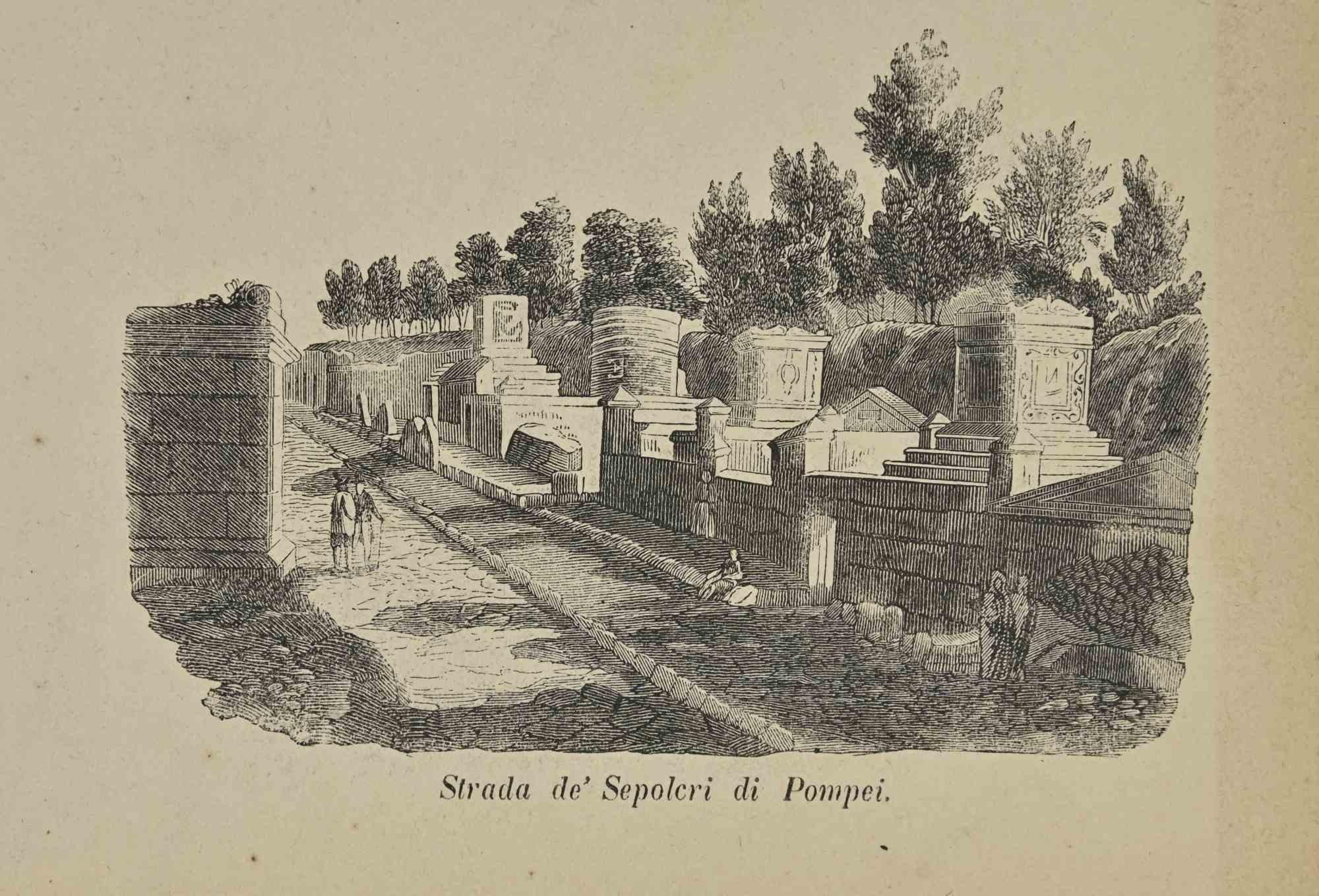 Various Artists Figurative Print - Uses and Customs - Road of the Tombs in Pompei - Lithograph - 1862