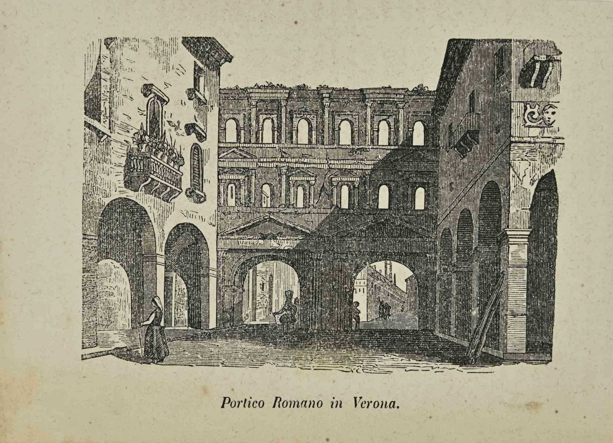 Various Artists Landscape Print - Uses and Customs - Roman Portico in Verona - Lithograph - 1862