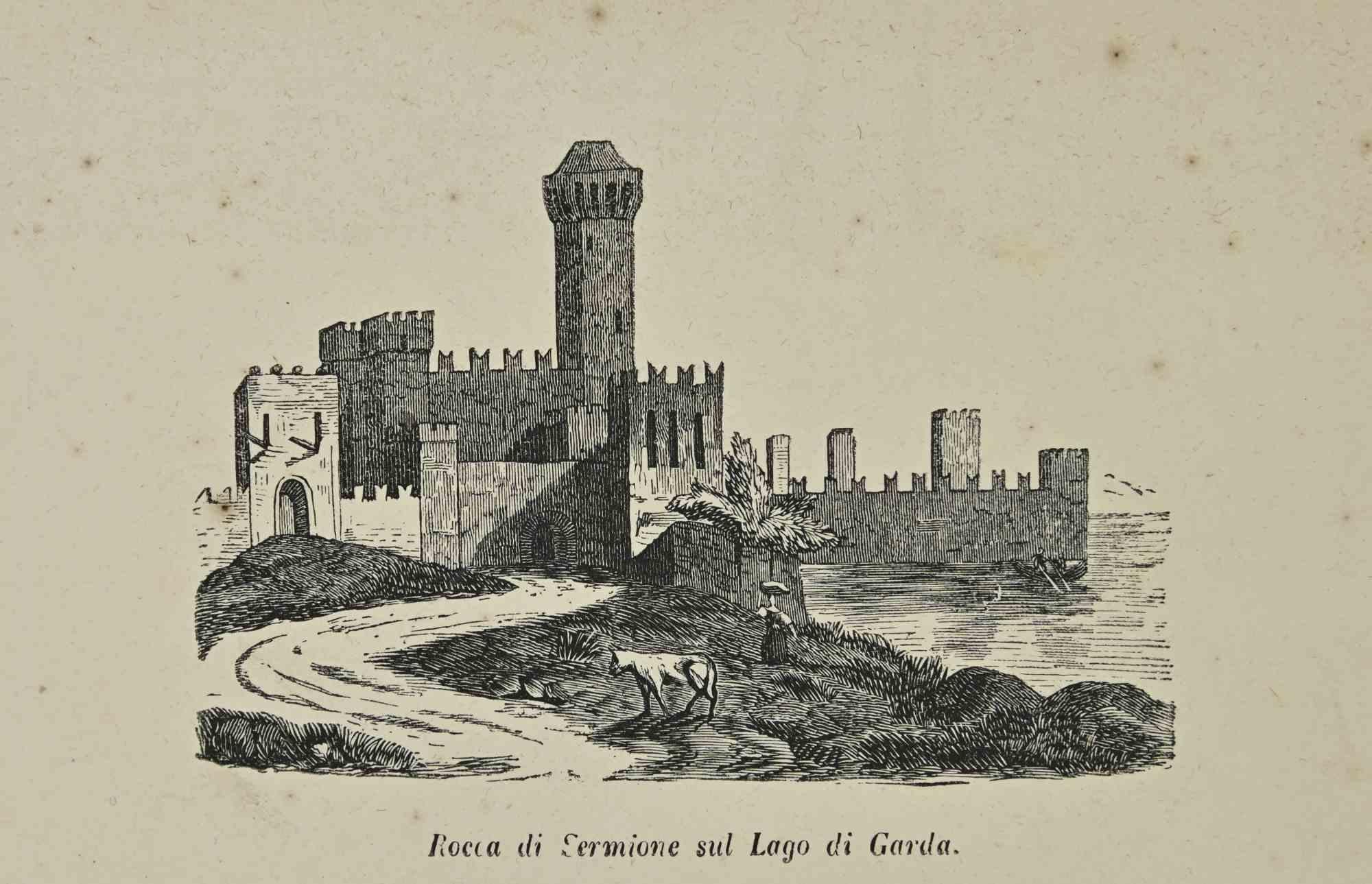 Various Artists Figurative Print – Uses and Customs – Sermione Fortress on Lake Garda – Lithographie – 1862
