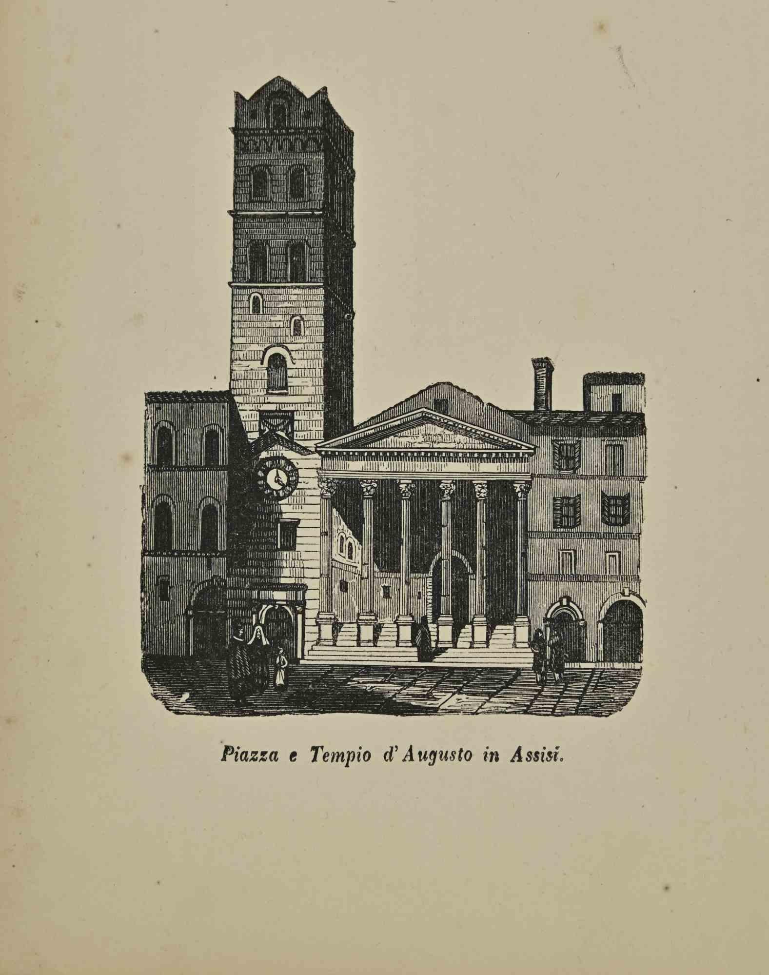 Figurative Print di Various Artists - Usi e costumi -  Piazza e Tempio di Augusto ad Assisi - Litografia - 1862