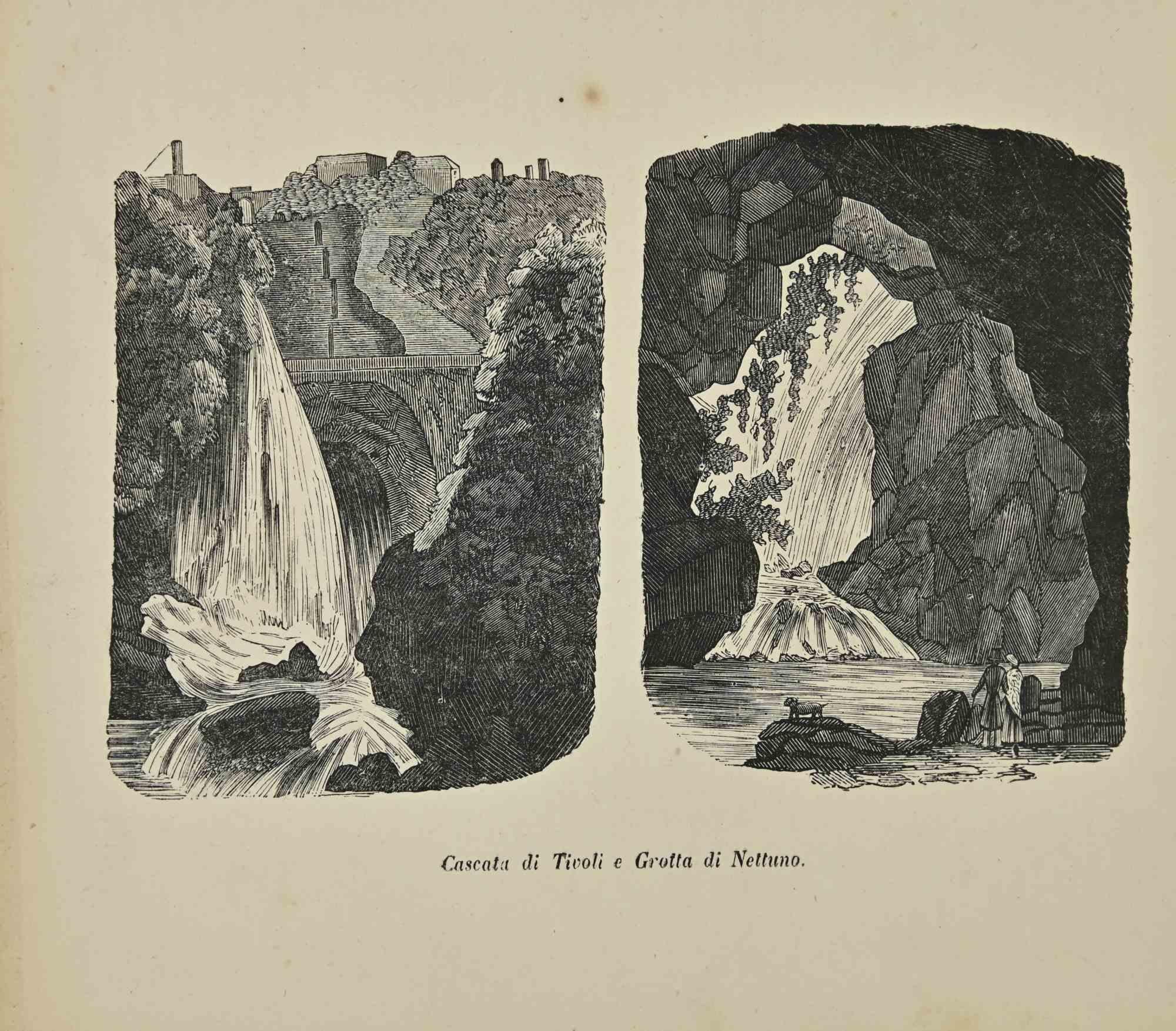 Various Artists Figurative Print - Uses and Customs - Tivoli Waterfall and Nettuno Cave - Lithograph - 1862