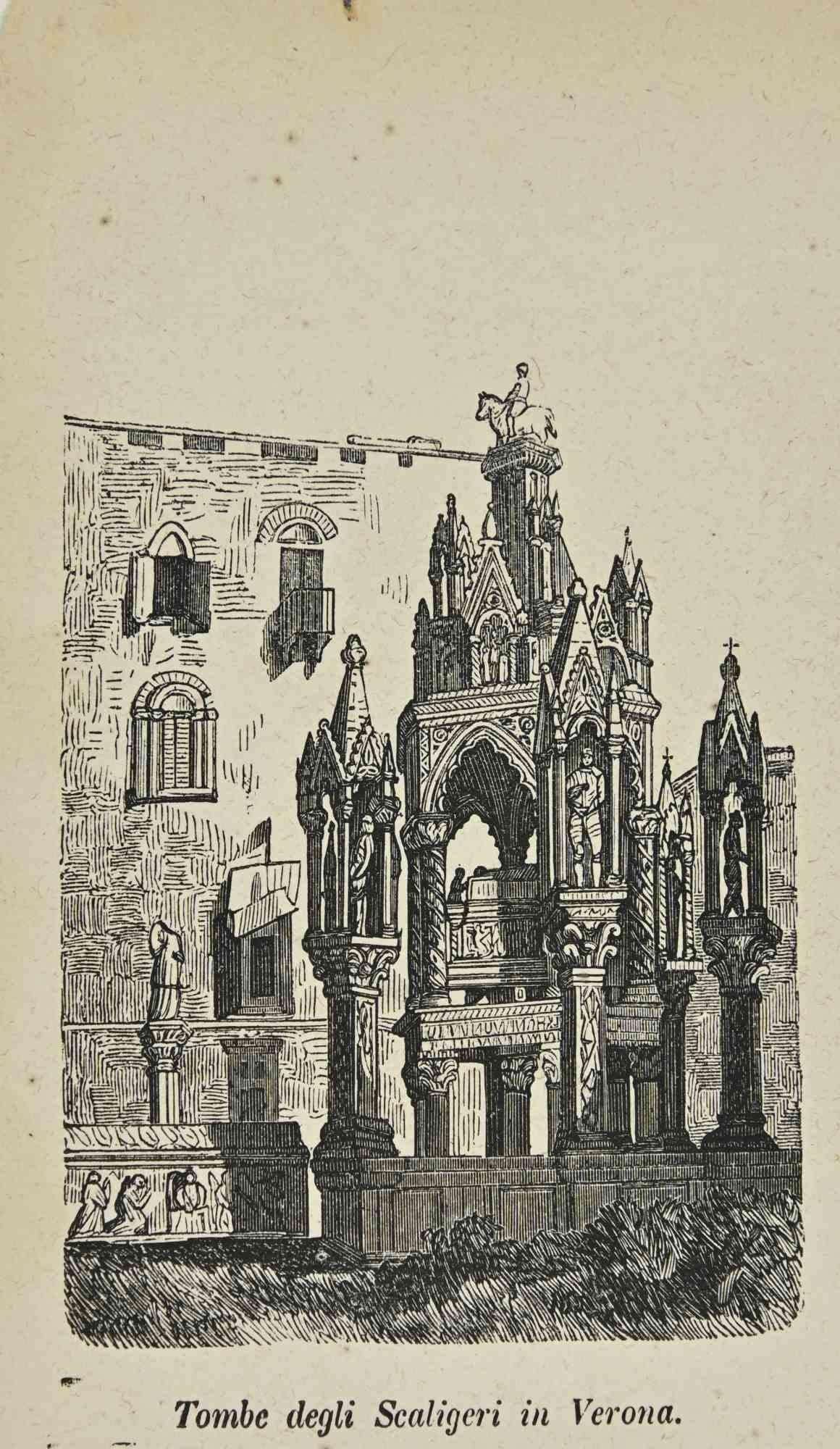 Various Artists Landscape Print - Uses and Customs - Tombs of the Scaligeri in Verona - Lithograph - 1862
