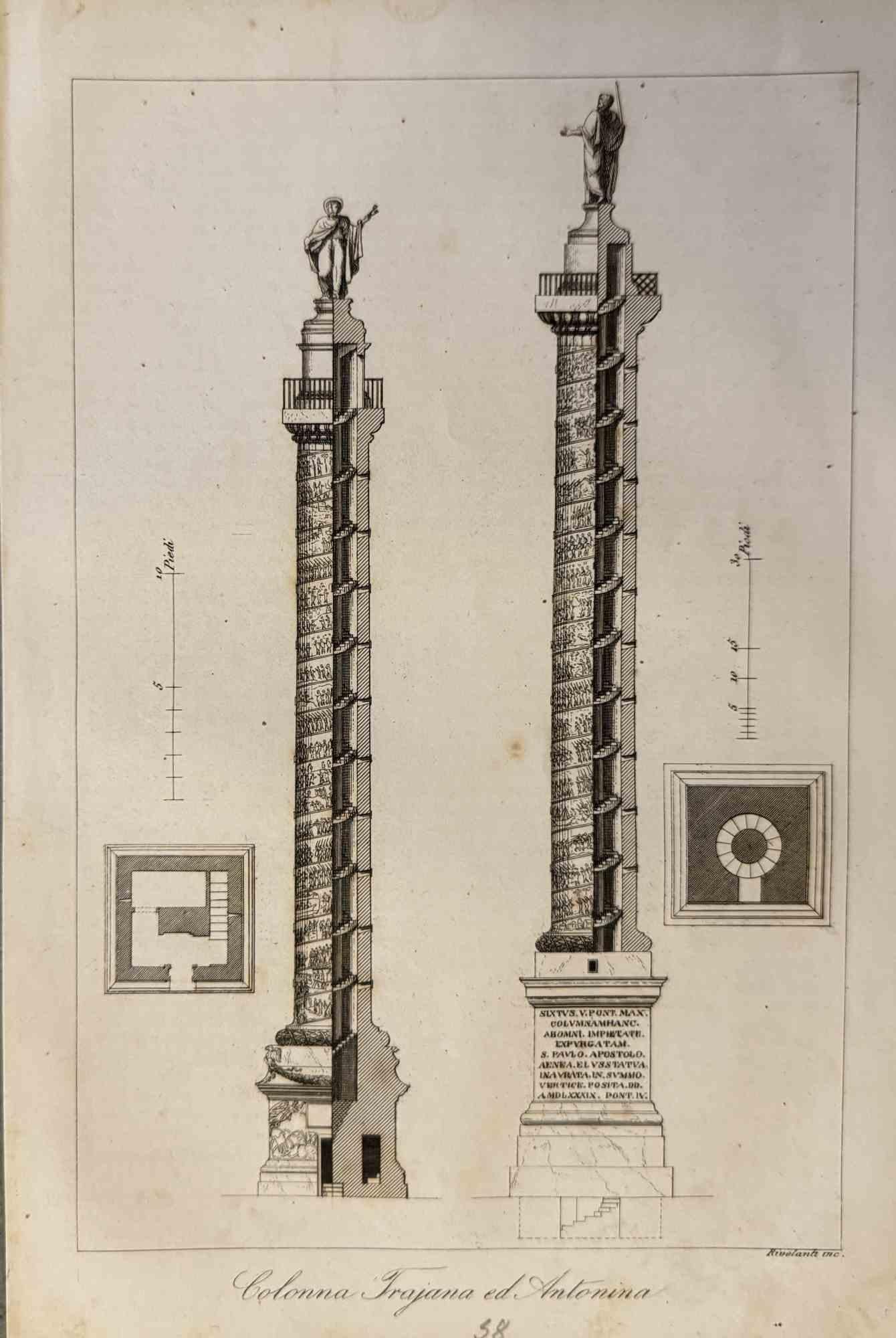 Various Artists Figurative Print - Uses and Customs - Trojan e Antoniana Columns - Lithograph - 1862