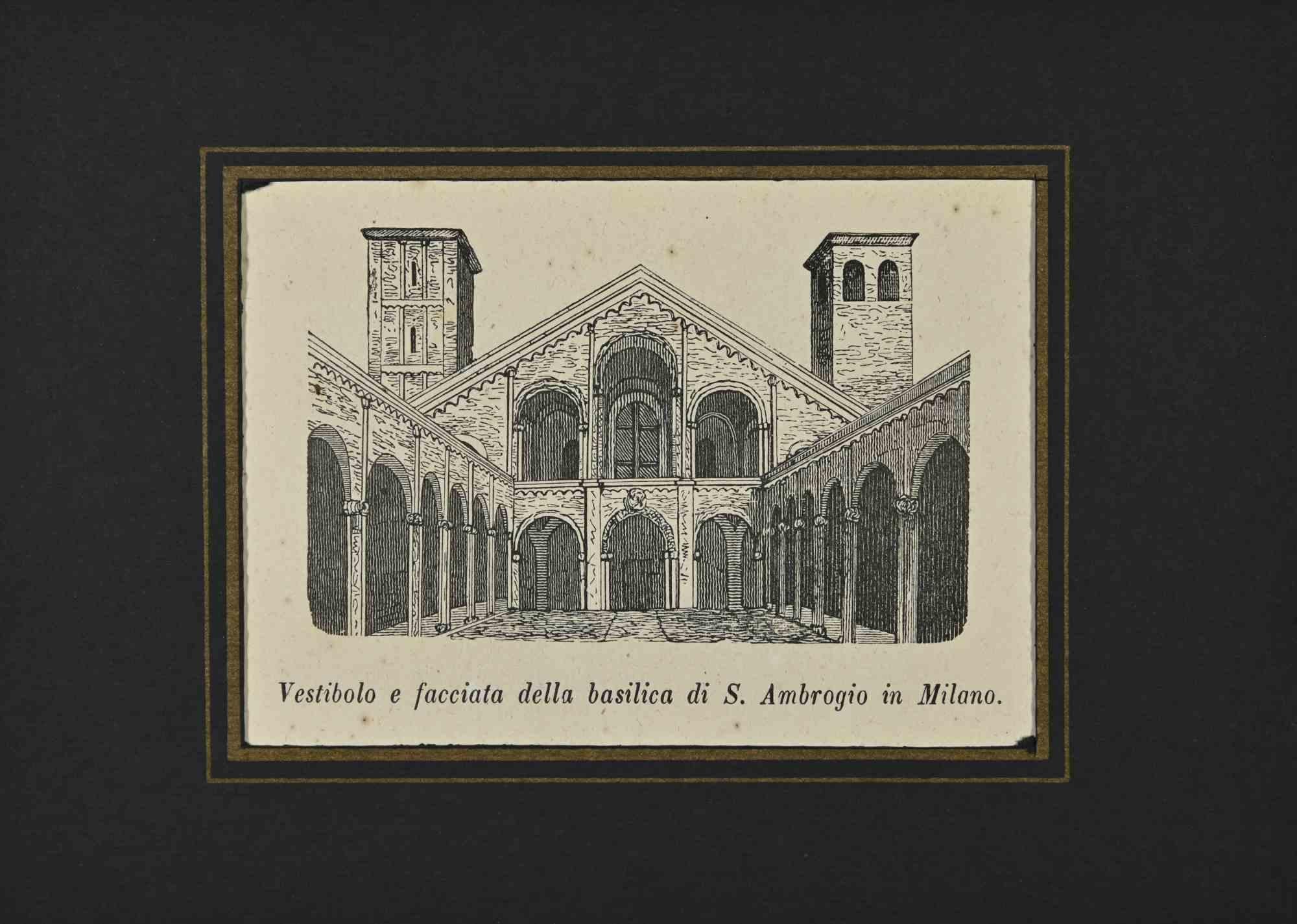Various Artists Figurative Print - Vestibule and Facade of the Basilica of S. Ambrose in Milan - Lithograph - 1862