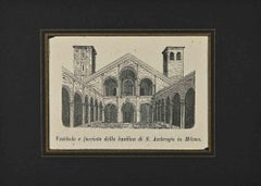 Antique Vestibule and Facade of the Basilica of S. Ambrose in Milan - Lithograph - 1862