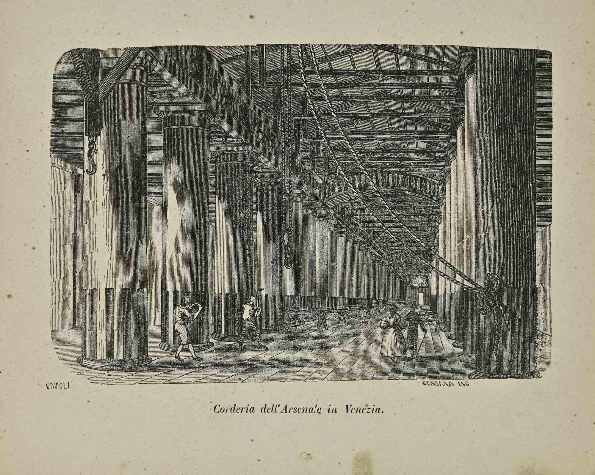 Various Artists Figurative Print – Ansicht der Corderia dell'Arsenale in Venedig – Lithographie – 1862