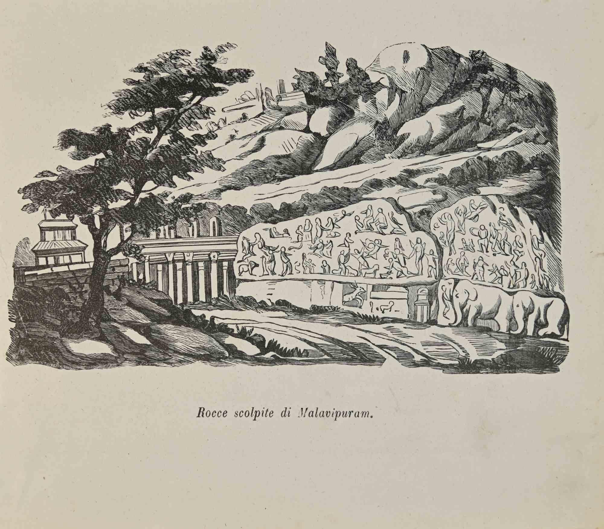 Various Authors Figurative Print - Carved Rocks of Malavipura - Lithograph - 1862