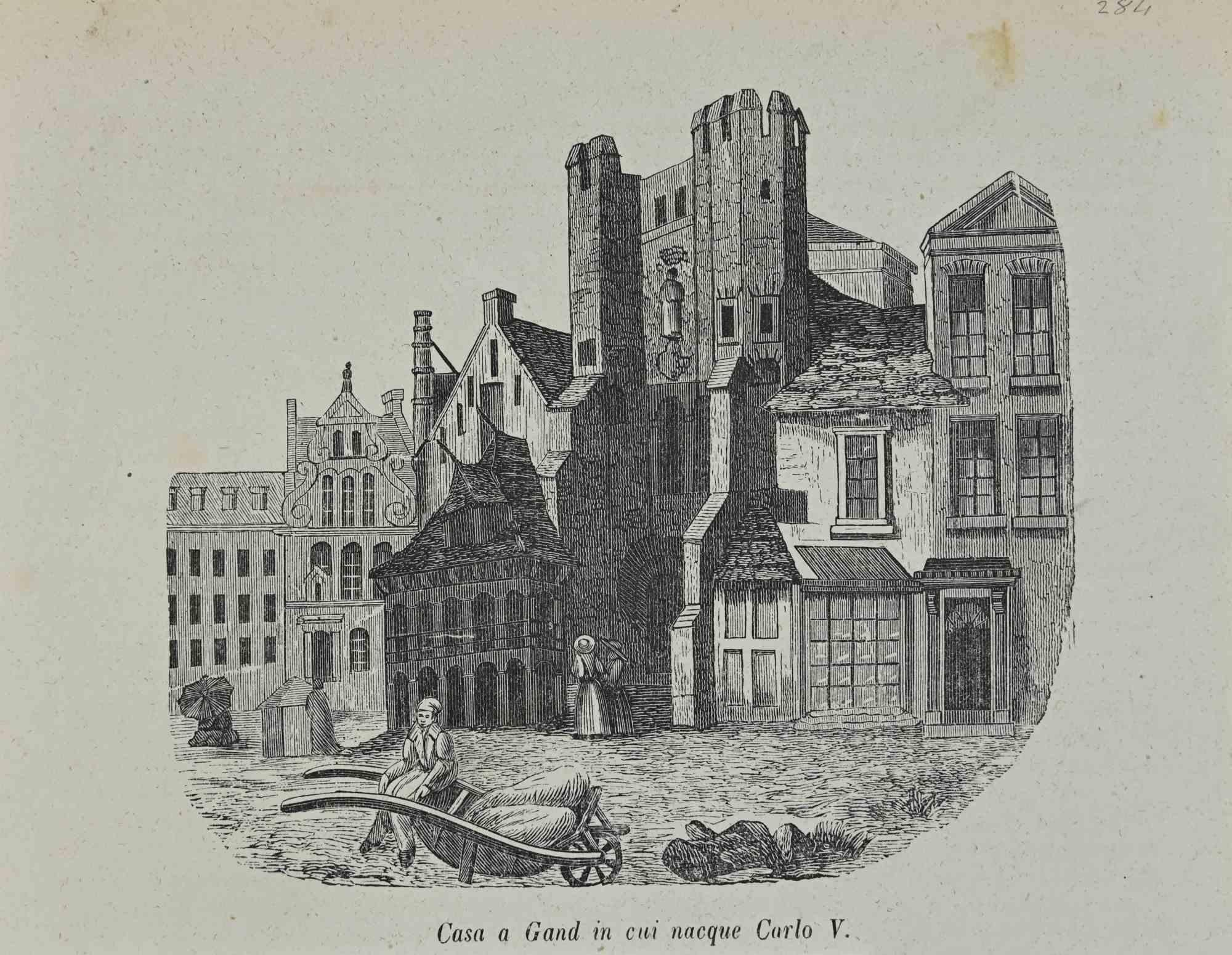 Various Authors Figurative Print - House in Ghent where Charles V was born - Lithograph - 1862