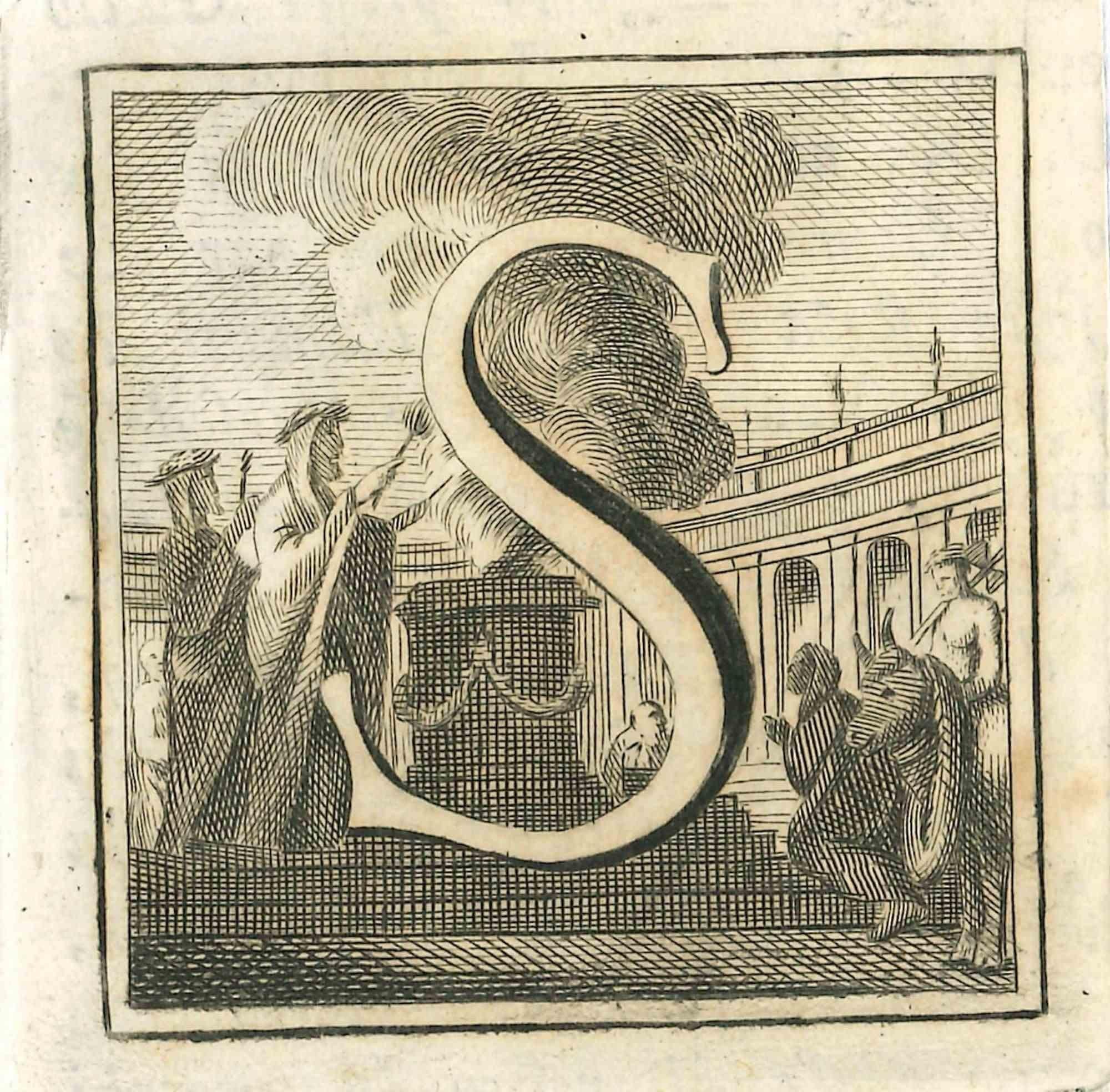 Various Authors Landscape Print - Letter of the Alphabet S - Etching - 18th Century