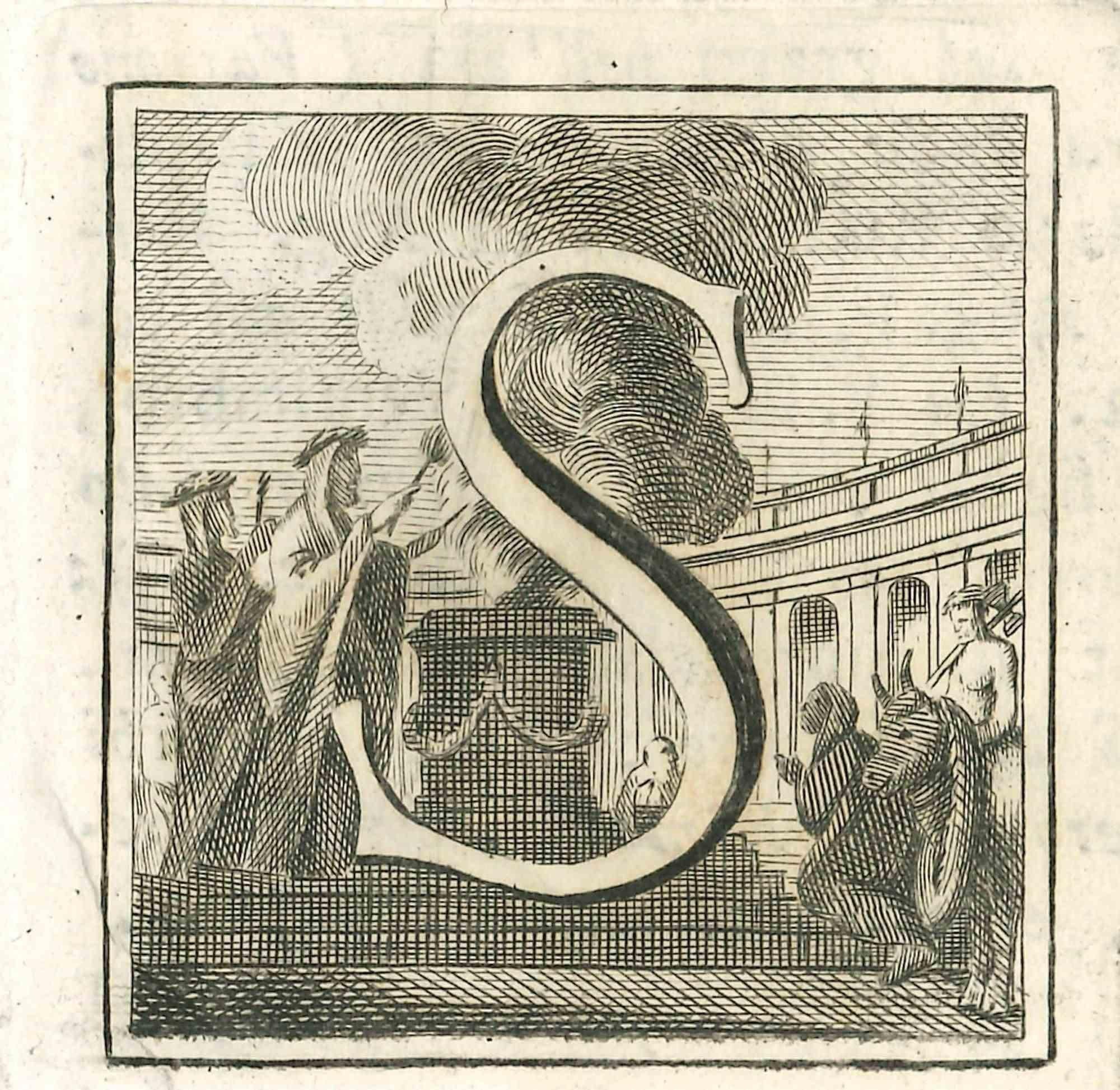 Various Authors Figurative Print - Letter of the Alphabet S - Original Etching - 18th Century