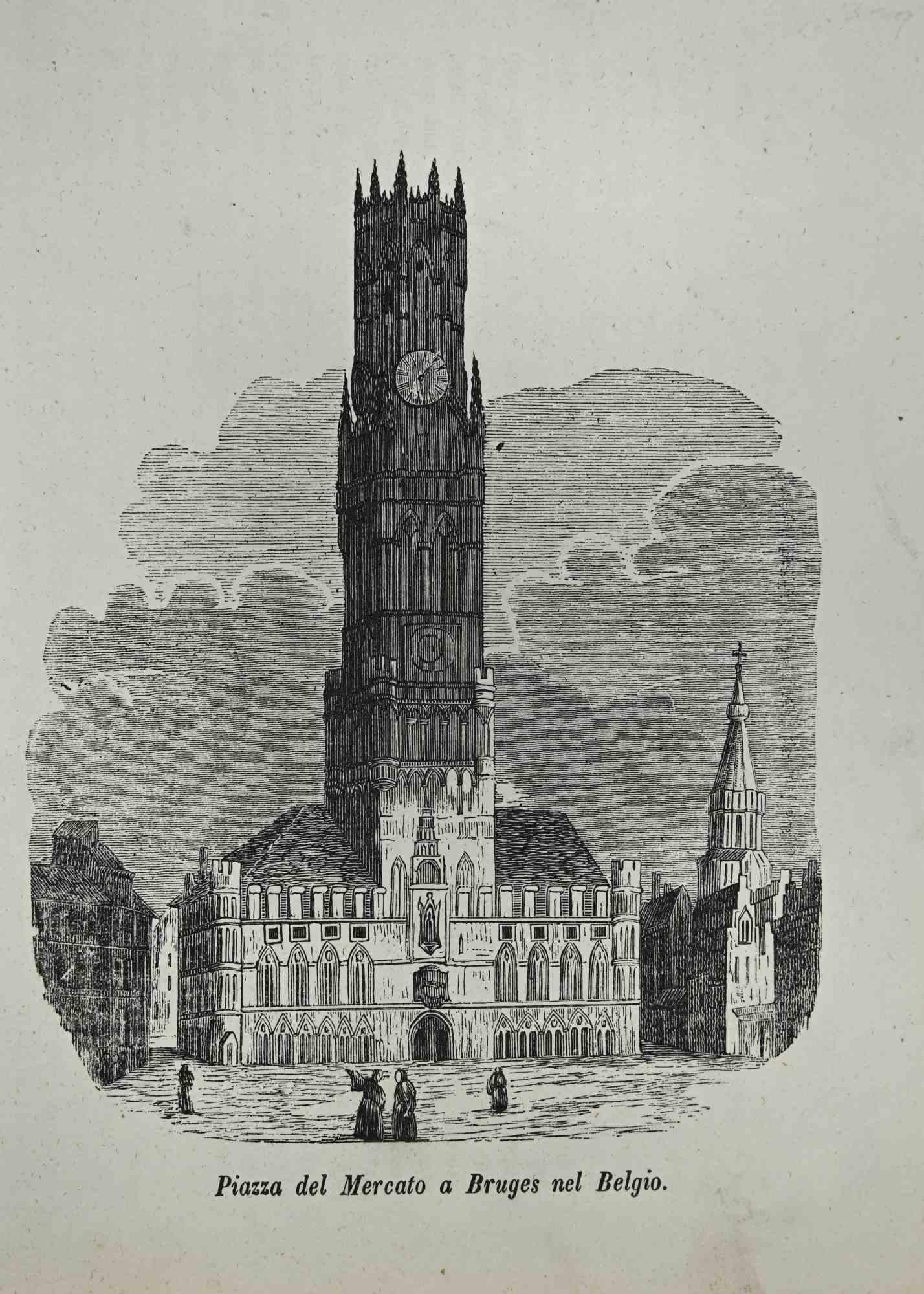 Figurative Print de Various Authors - Plaza del Mercado de Brujas en Bélgica - Litografía - 1862