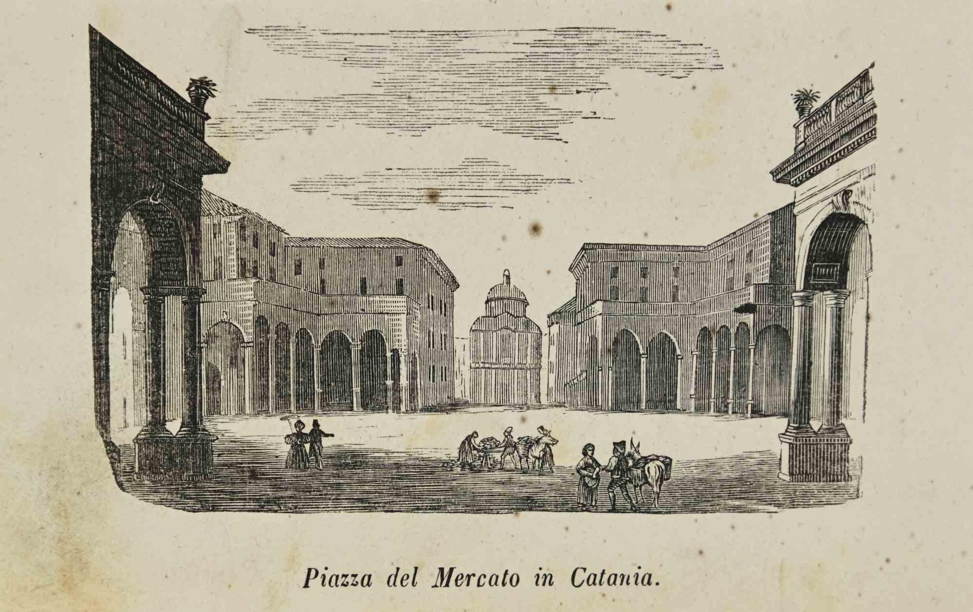 Figurative Print de Various Authors - Plaza del Mercado de Catania - Litografía - 1862