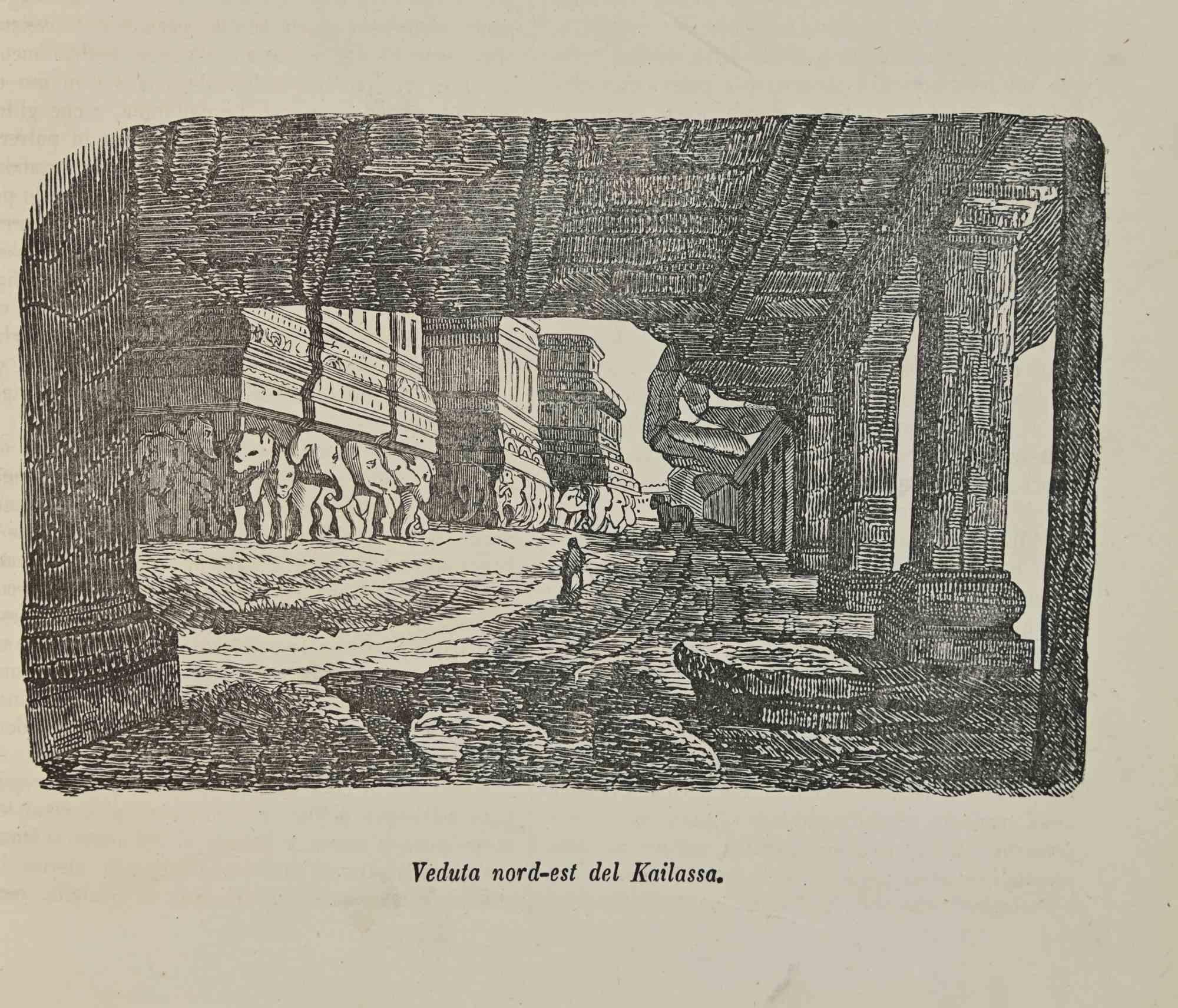 Figurative Print Various Authors - Vue nord-est de Kailasso - Lithographie - 1862
