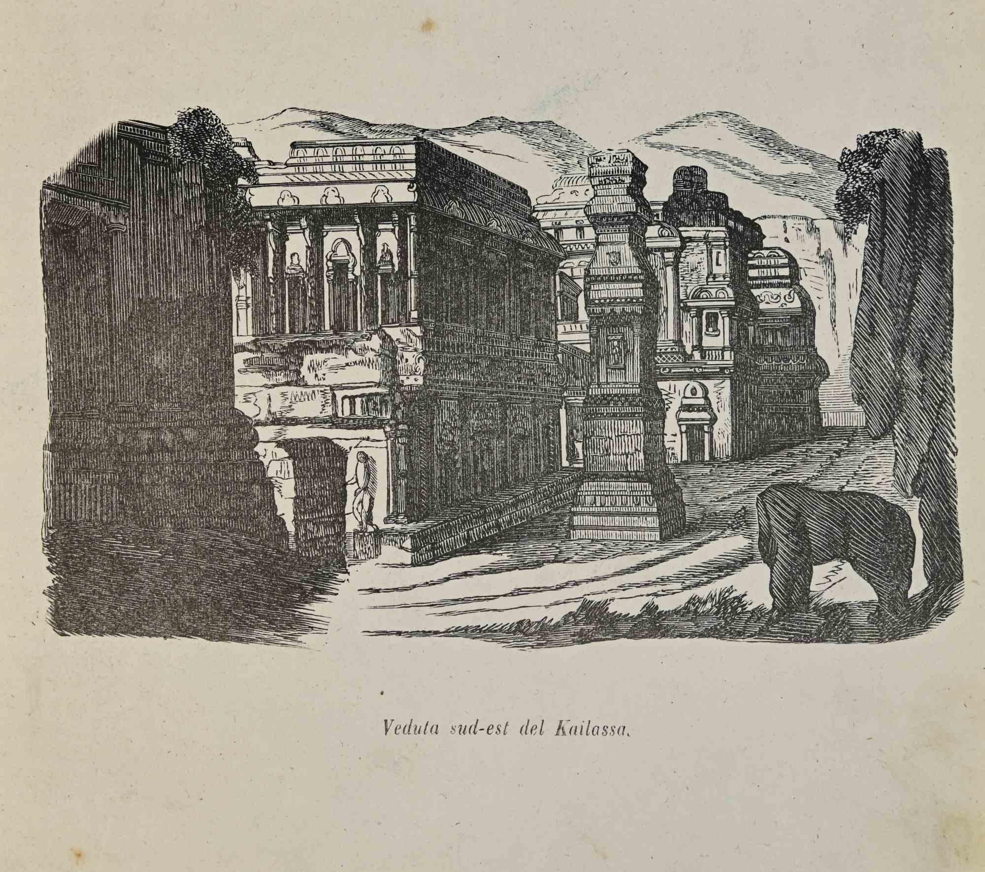 Various Authors Figurative Print - South-East View of Kailasso - Lithograph - 1862