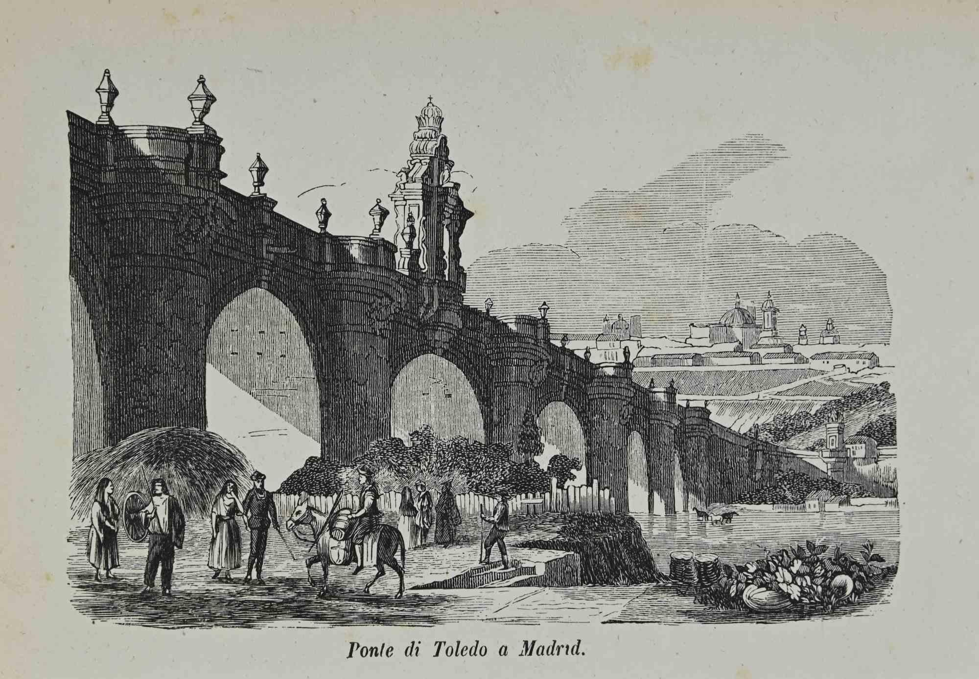 Various Authors Figurative Print - Toledo Bridge in Madrid - Lithograph - 1862
