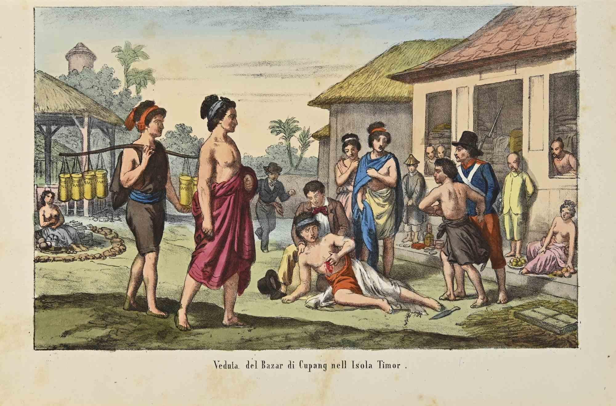 View of Cupang Bazaar in Timor Island - Lithograph - 1862