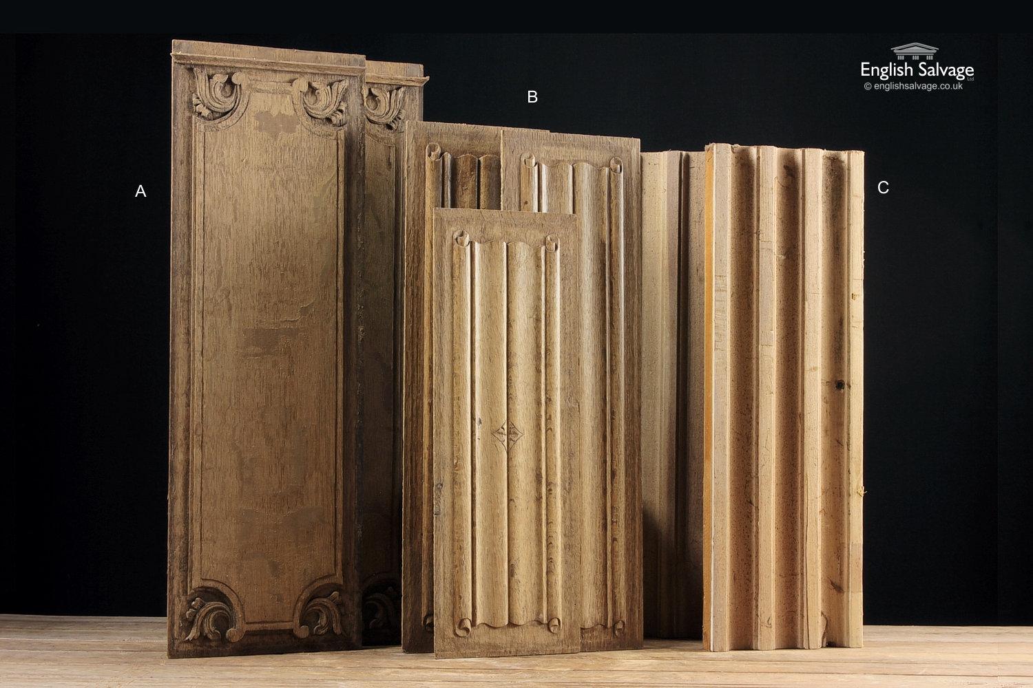 Seven pieces miscellaneous oak carved panels, (linen fold, ridged and decorative panels).
A) 2 Decorative panels embellished with leaves - 22cm W x 65cm H - Sold
B) 3 Linen fold panels - 2 x 17cm W x 58cm H / the other 17cm W x 48cm H - Sold
C) 2