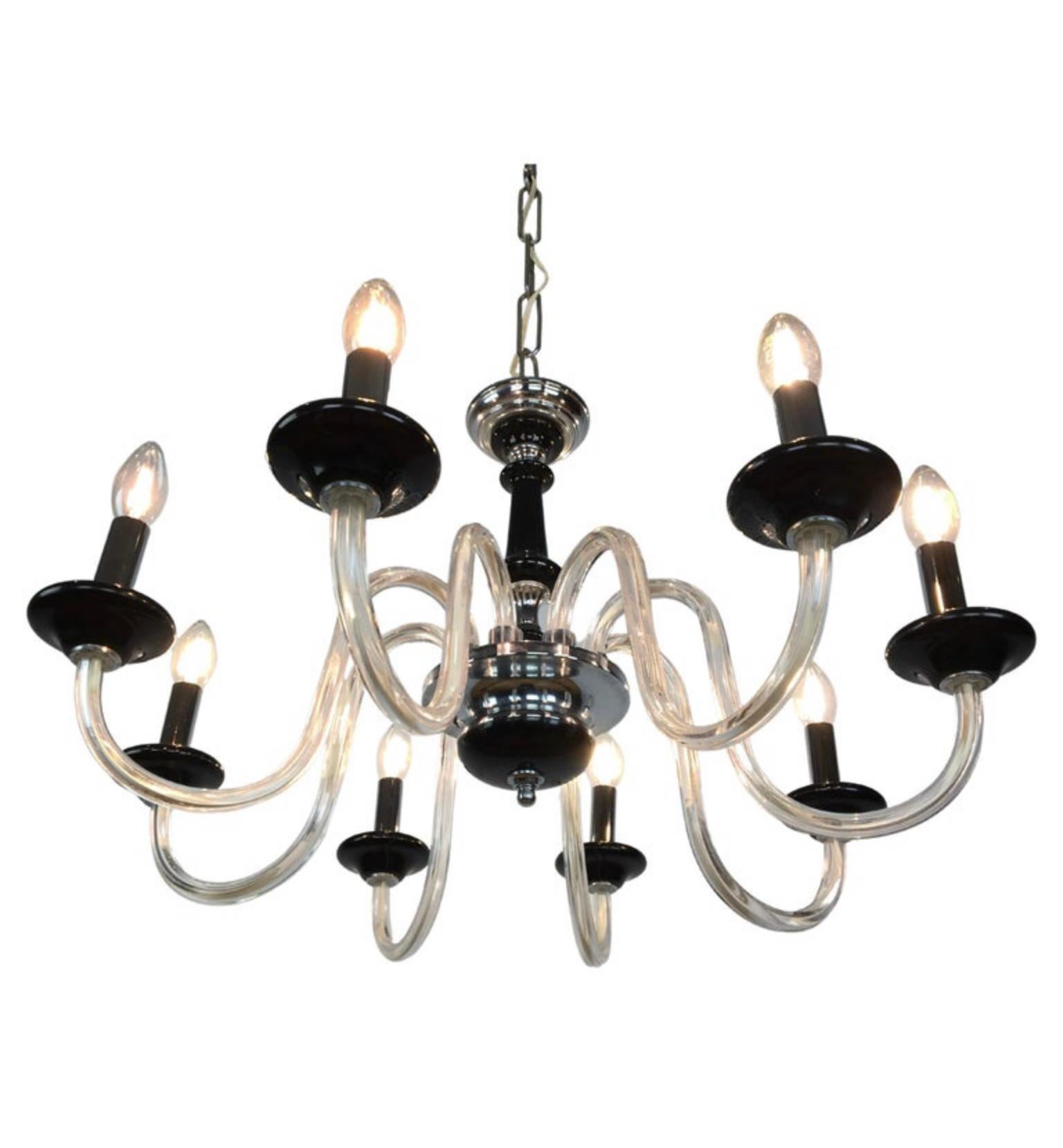 8-armed Murano glass chandeliers in different colors: 
Black - orange - green and blue turquoise. 
Mid-20th Century ceiling lights with 8 curling arms.
Vintage Italian chandeliers or ceiling lights with colored murano glass details and chromed