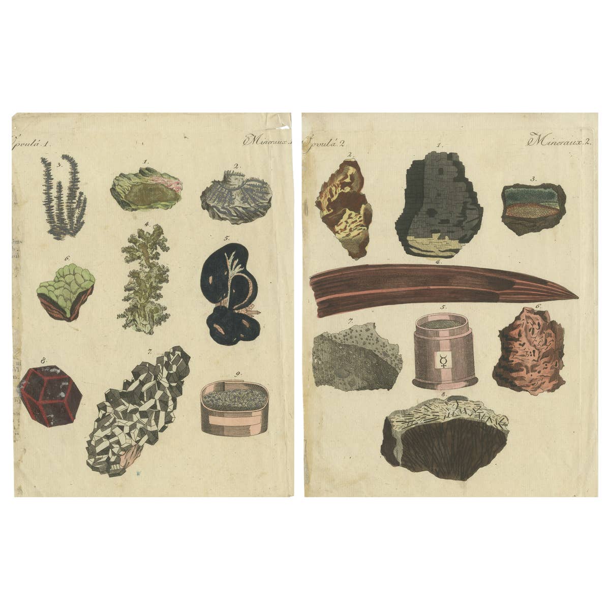 Various Minerals on Two Sheets Engravings Including Gold, Silver and Mercury