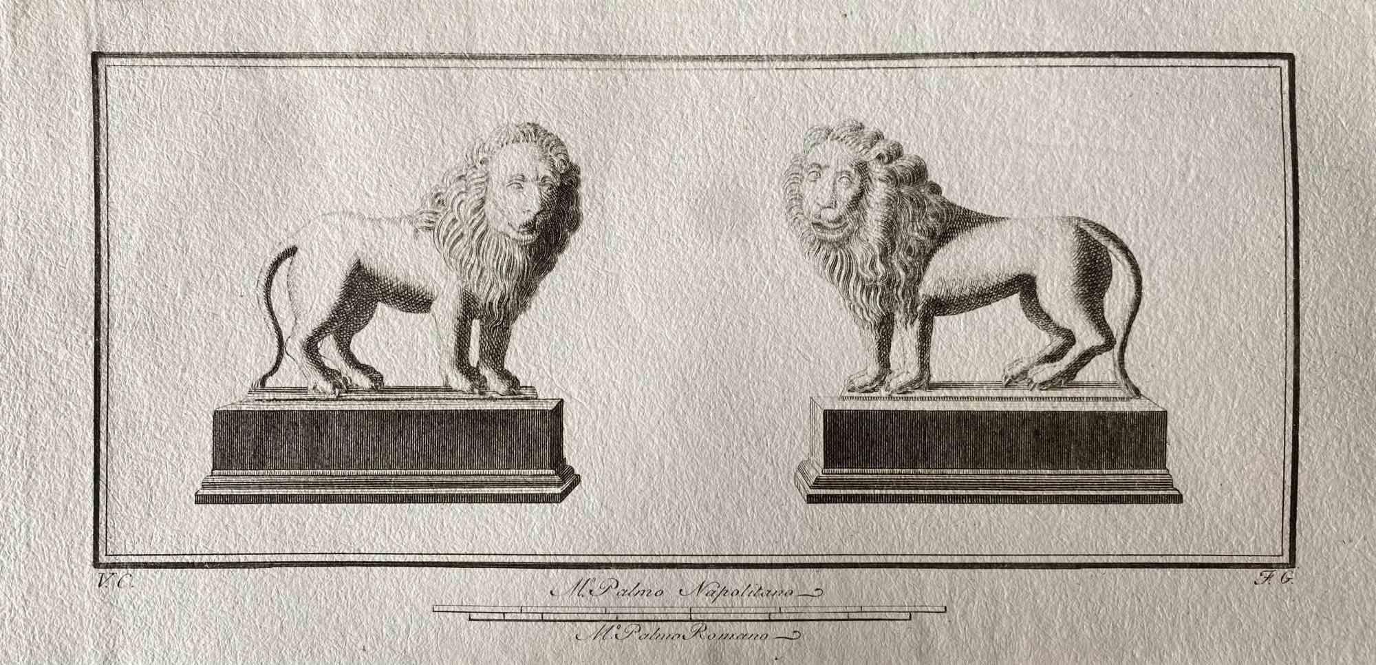 Animal Figures from Ancient Rome, from the Series "The Antiquities of Herculaneum Exposed", is anoriginal etching from the end of the 18th century, made by Various Old Masters.

In very good condition, except for some stains along the margins.

In