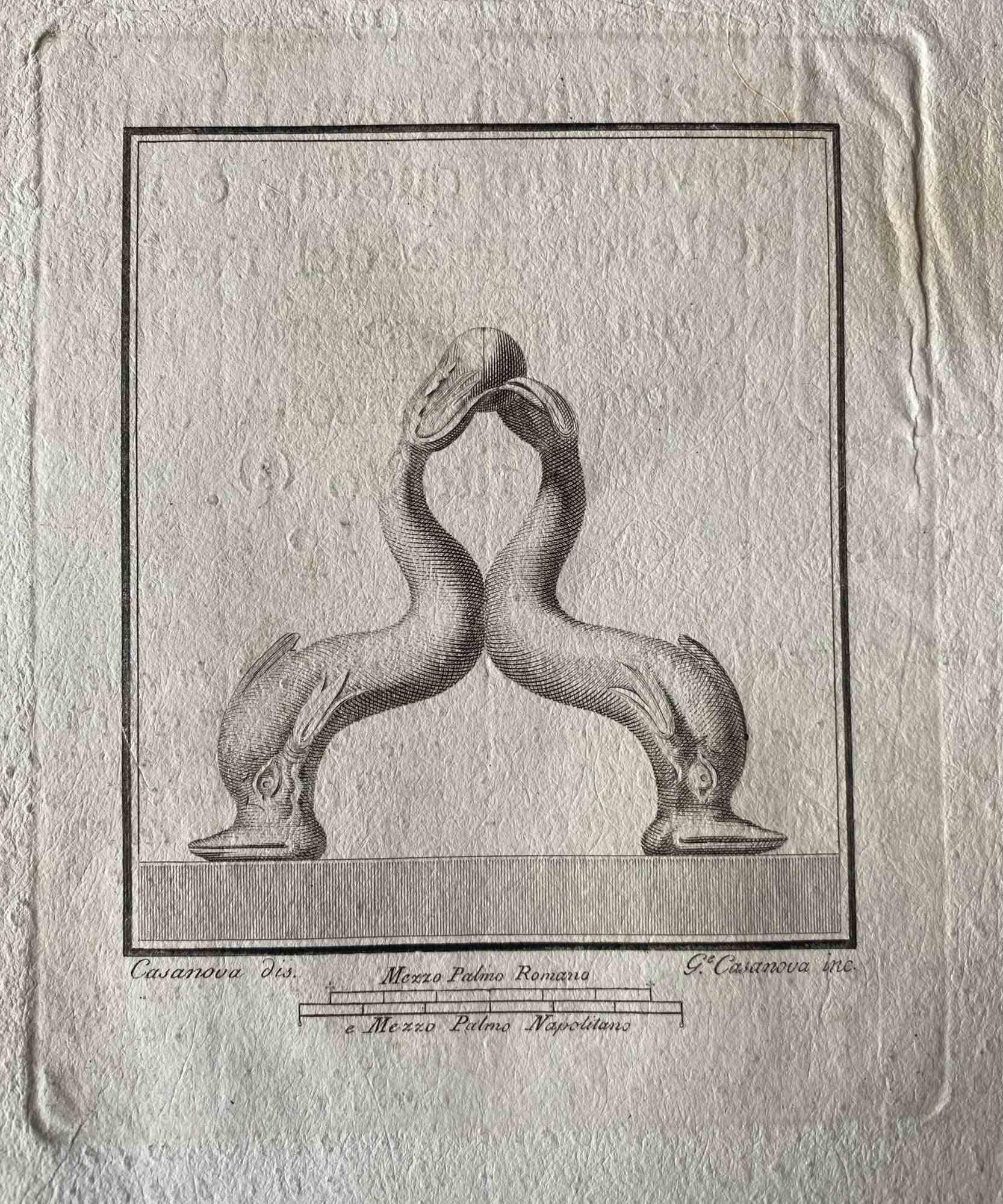 Animal Figures from Ancient Rome, from the Series "The Antiquities of Herculaneum Exposed", is an original etching from the end of the 18th century, made by Various Old Masters.

In very good condition, except for some stains along the margins.

In