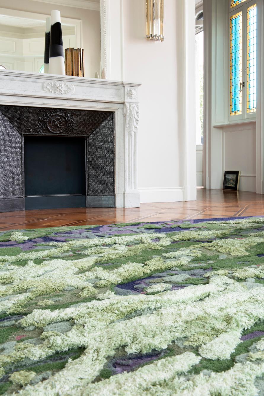 Modern Various Pile Height Unusual Fluffy Green Hand Knotted Rug, Mysterious Moss For Sale