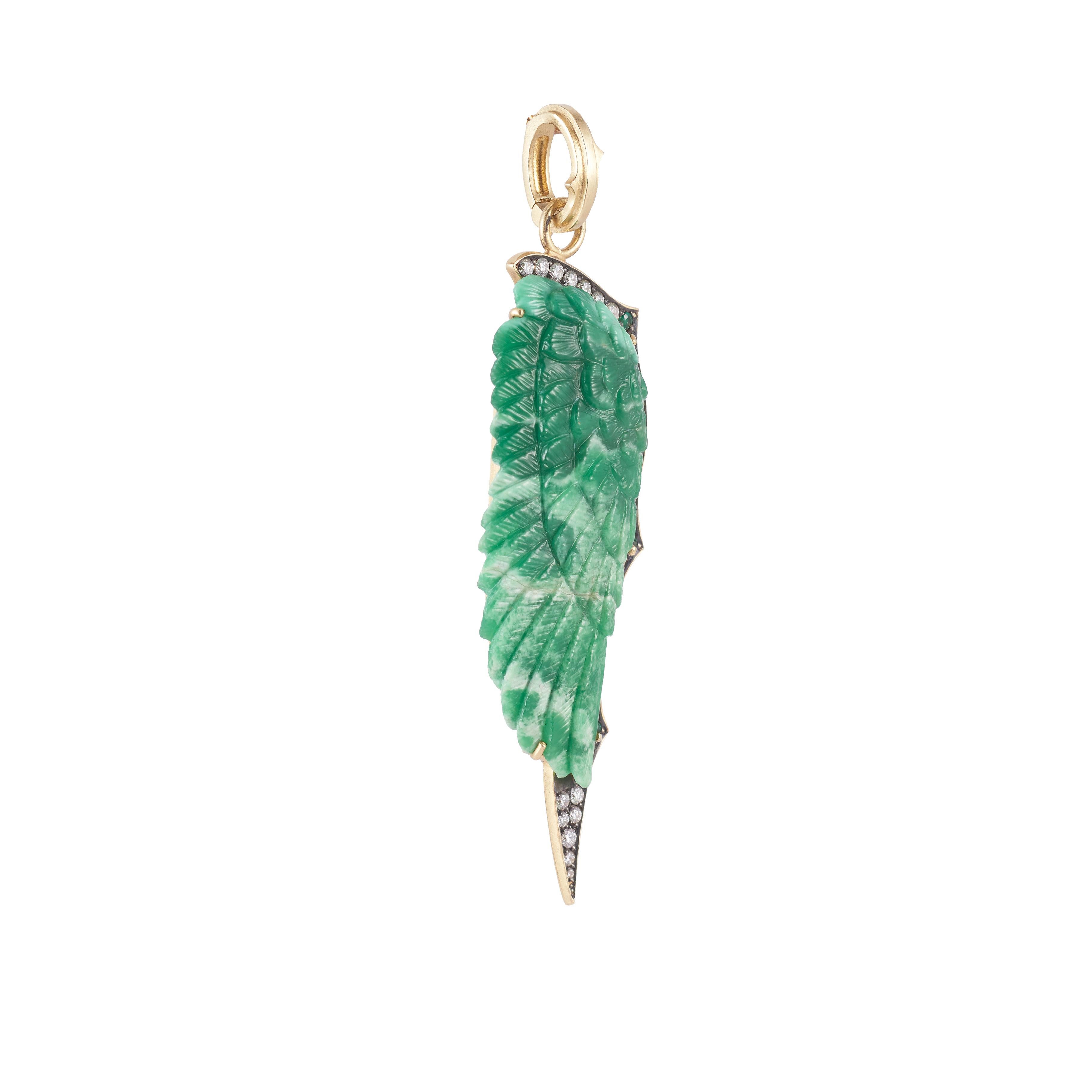 This vibrant green Variscite pendant has been hand-carved to each feather detail! Mounted in a handmade 18k yellow gold pendant with emerald and diamond halo and removable enhancer bale, this feather can be attached to a chain or worn with other