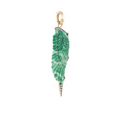 Variscite Hand Carved Wing Pendant w/ Diamond and Emerald Halo in Yellow Gold