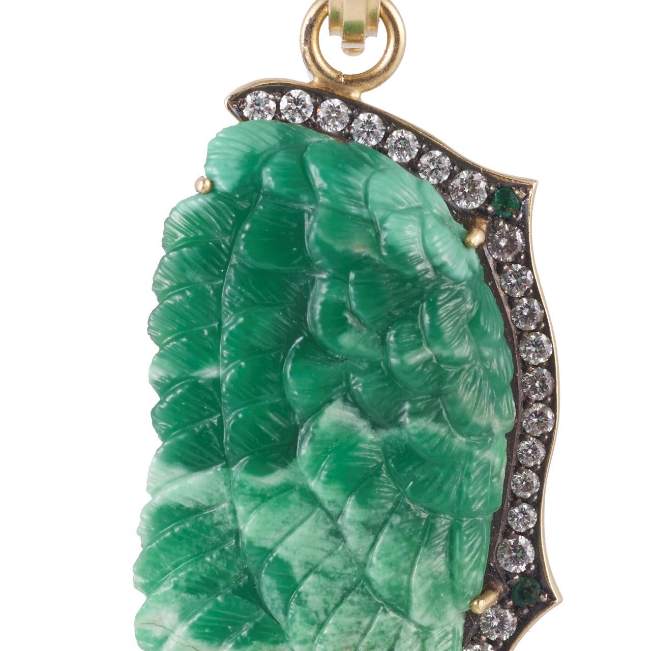 Round Cut Variscite Hand Carved Wing Pendant w/ Diamond and Emerald Halo in Yellow Gold For Sale