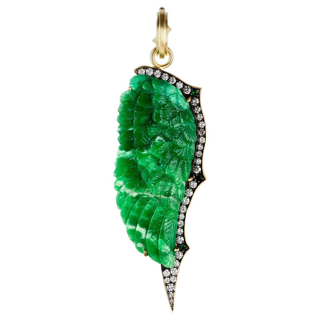 Variscite Hand Carved Wing Pendant w/ Diamond and Emerald Halo in Yellow Gold For Sale